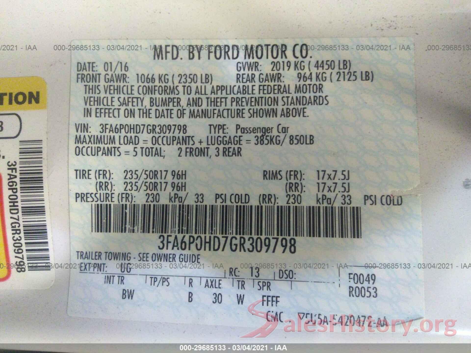 3FA6P0HD7GR309798 2016 FORD FUSION