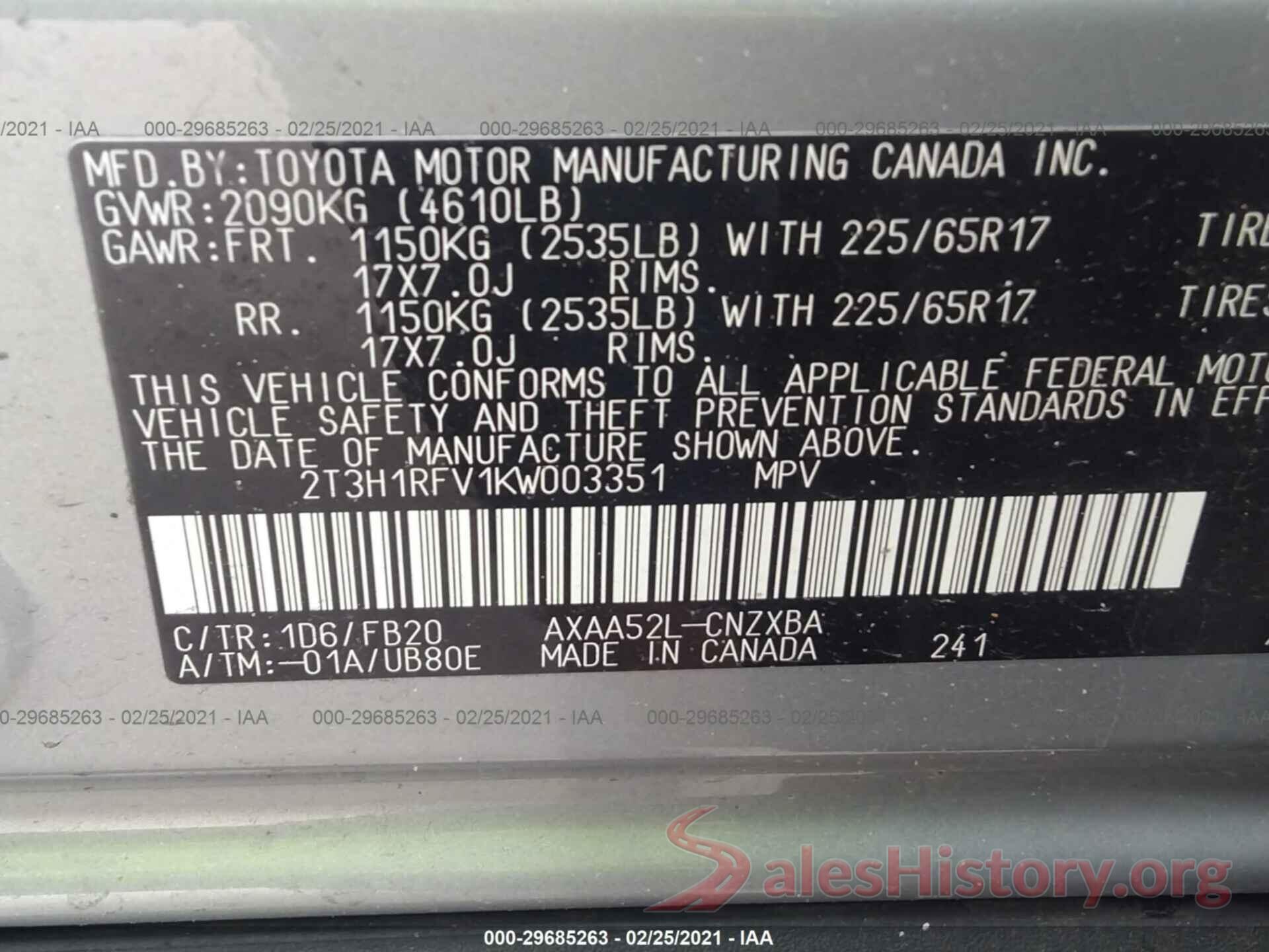 2T3H1RFV1KW003351 2019 TOYOTA RAV4