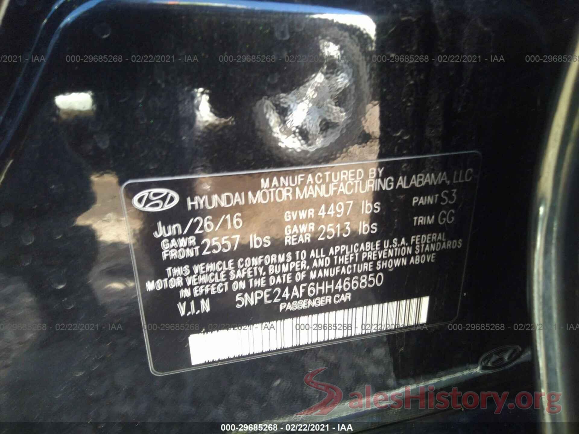 5NPE24AF6HH466850 2017 HYUNDAI SONATA