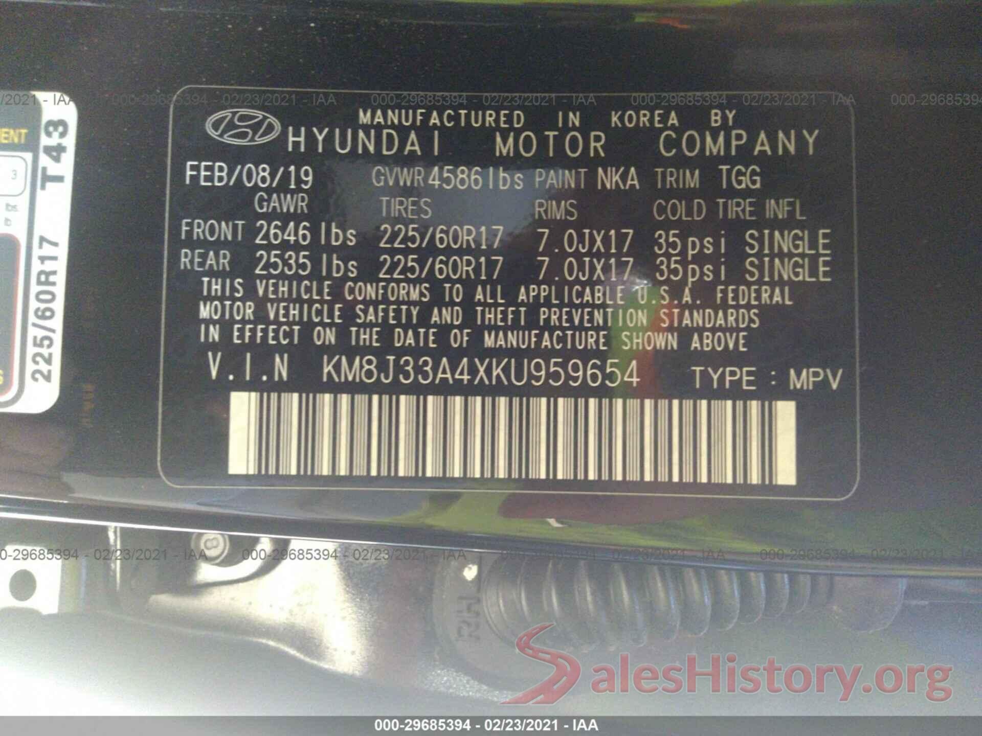 KM8J33A4XKU959654 2019 HYUNDAI TUCSON