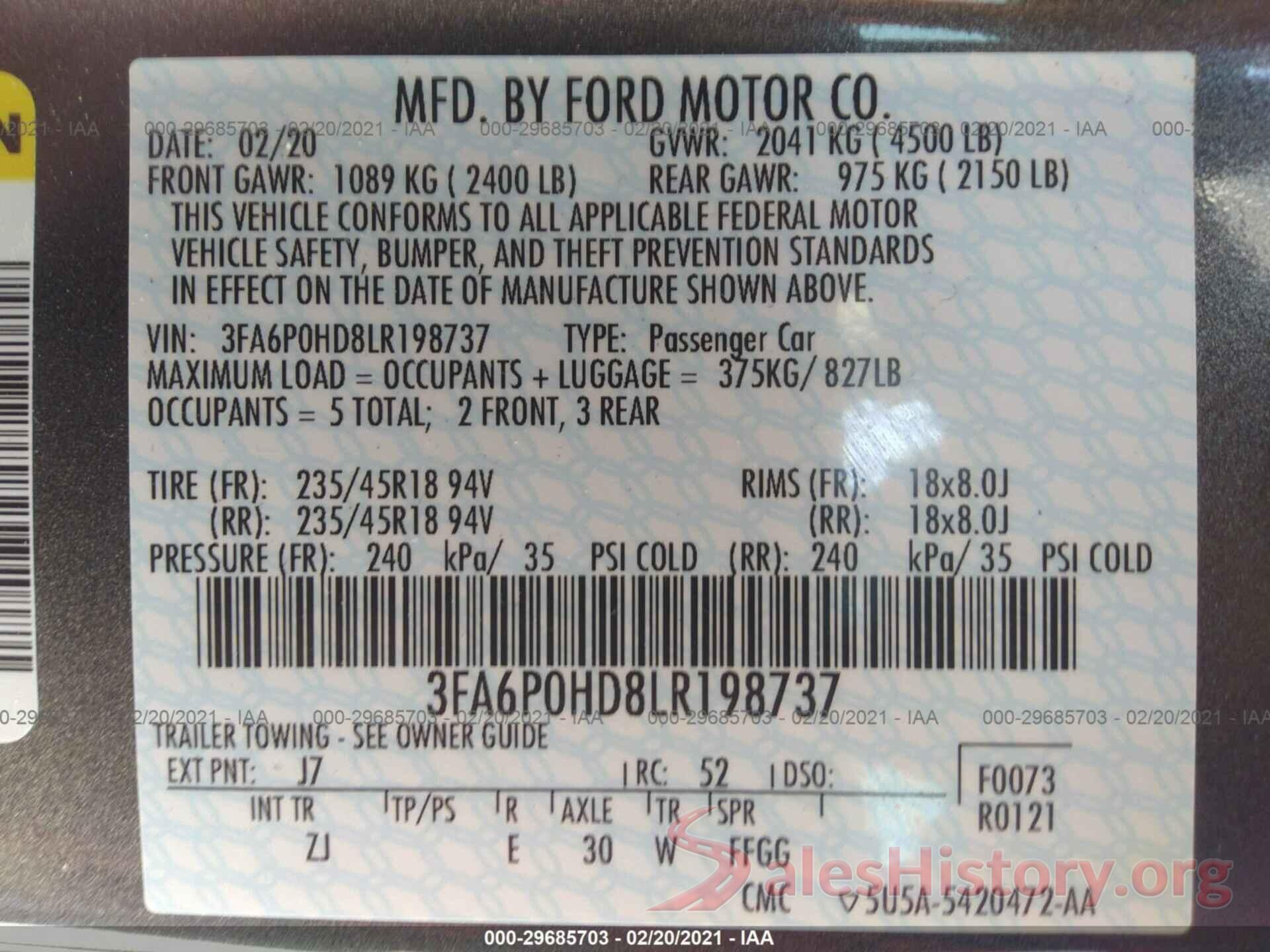 3FA6P0HD8LR198737 2020 FORD FUSION