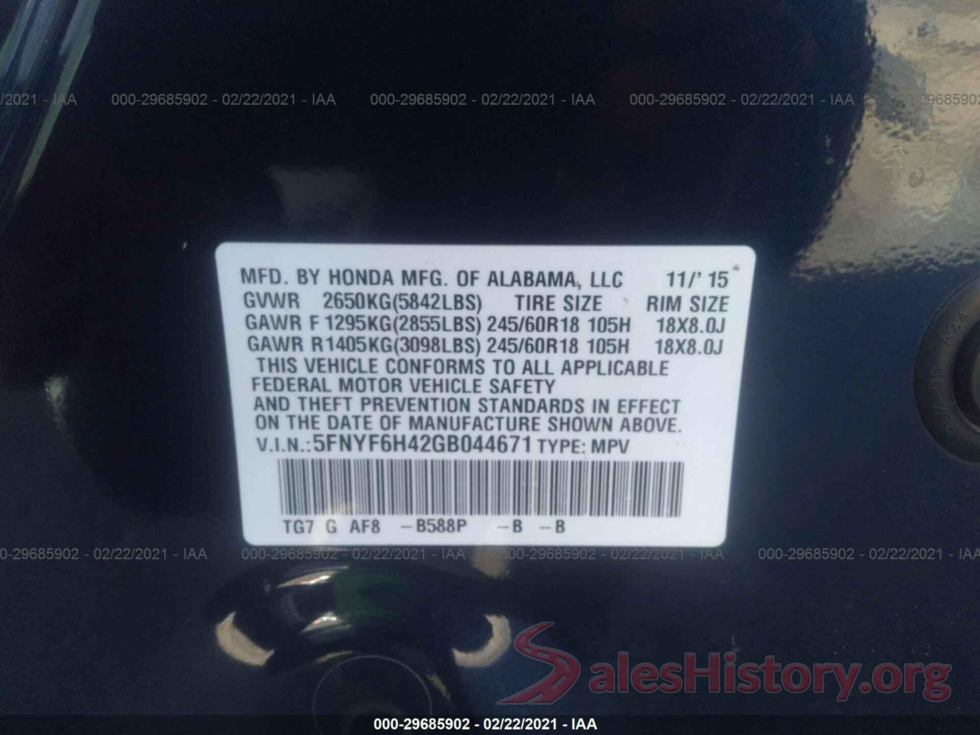 5FNYF6H42GB044671 2016 HONDA PILOT