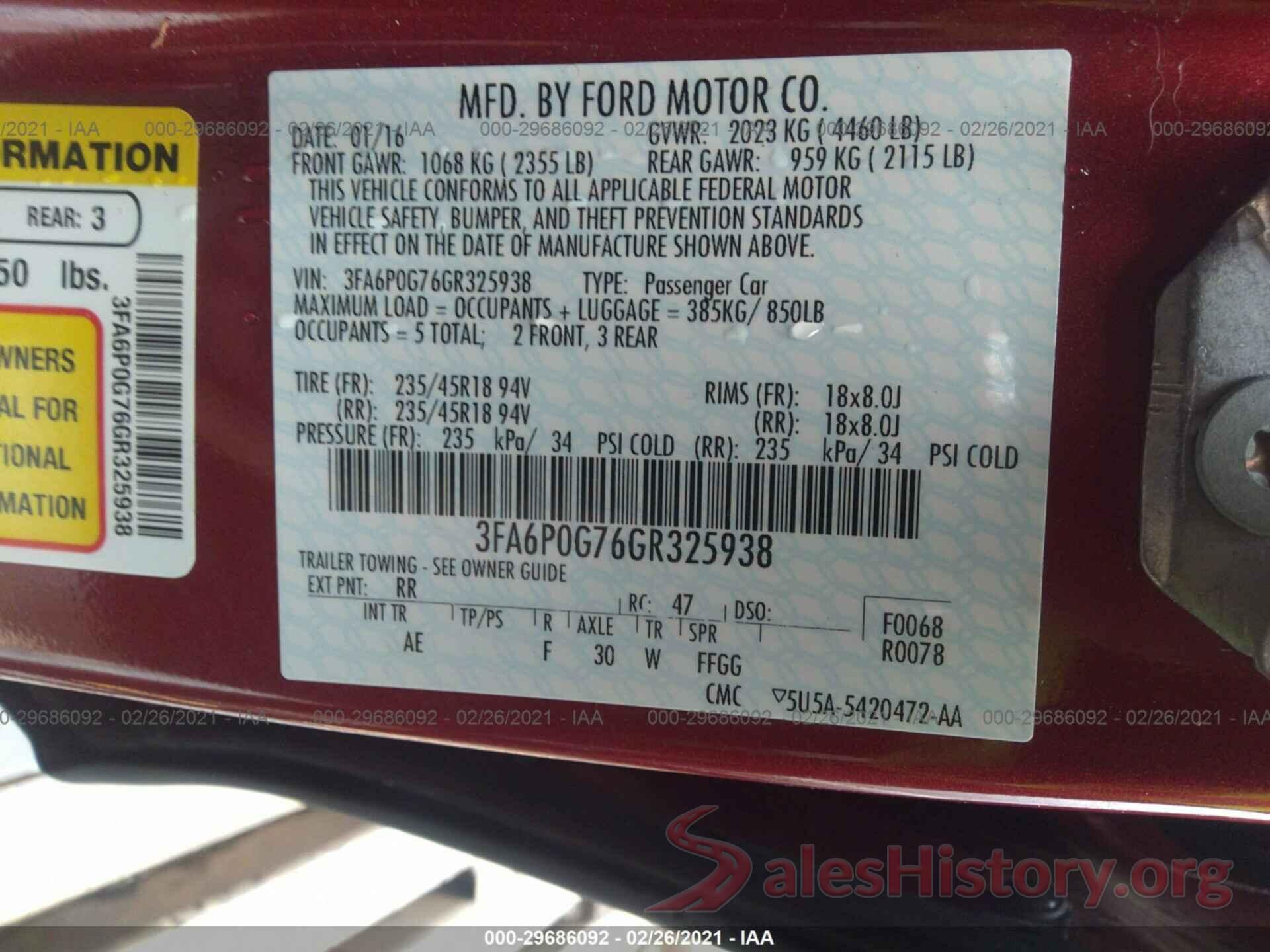 3FA6P0G76GR325938 2016 FORD FUSION