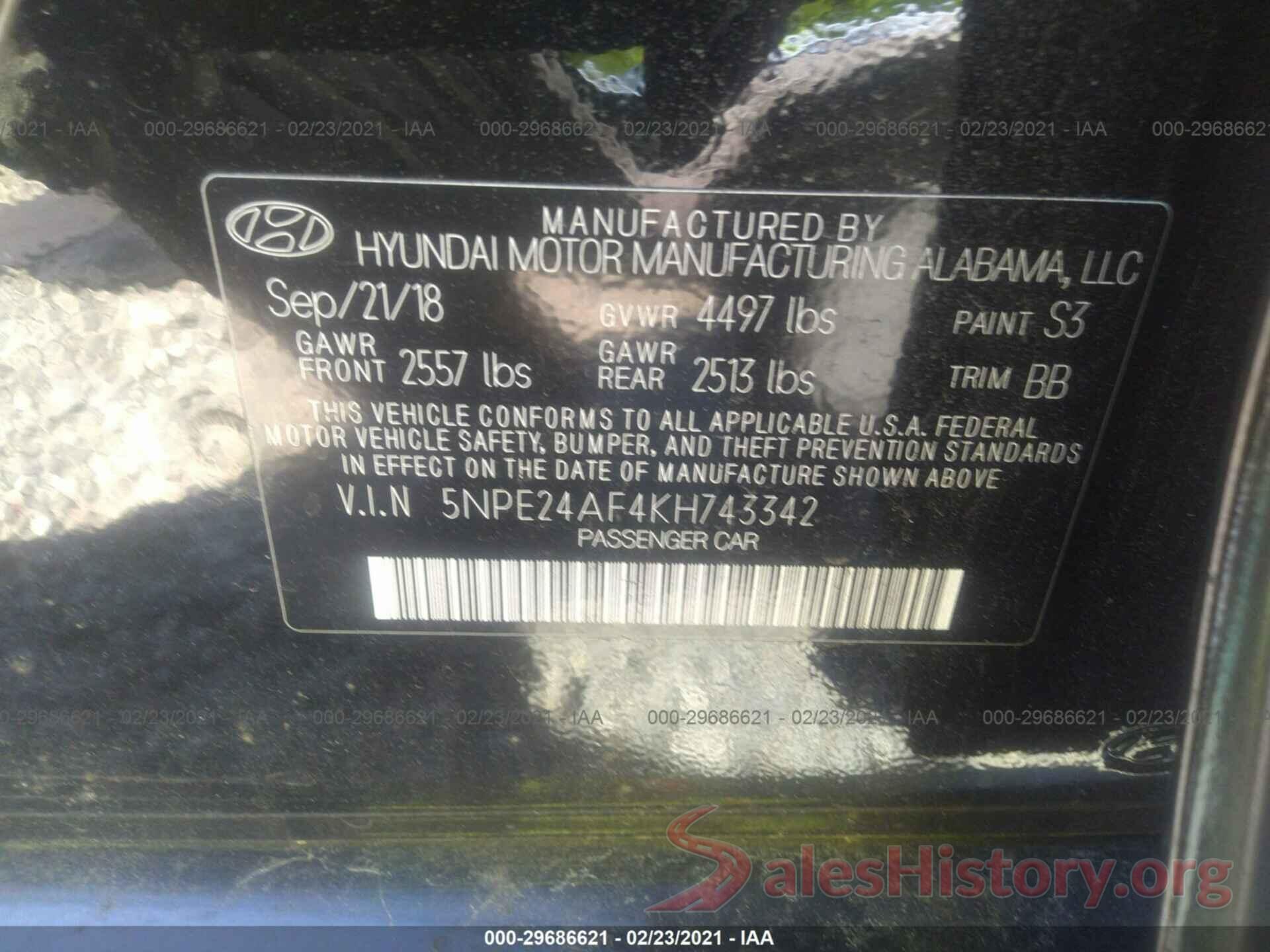 5NPE24AF4KH743342 2019 HYUNDAI SONATA