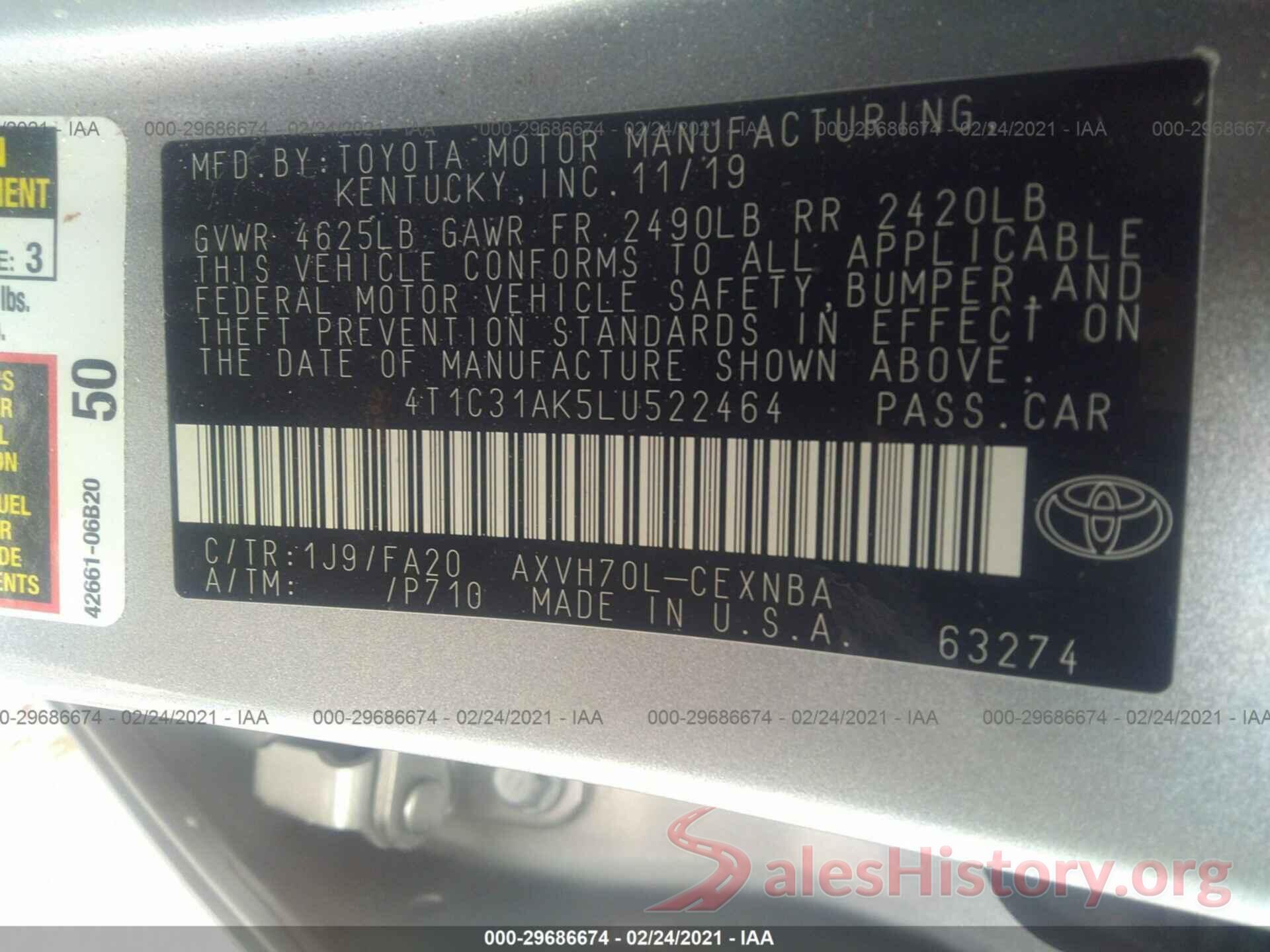 4T1C31AK5LU522464 2020 TOYOTA CAMRY