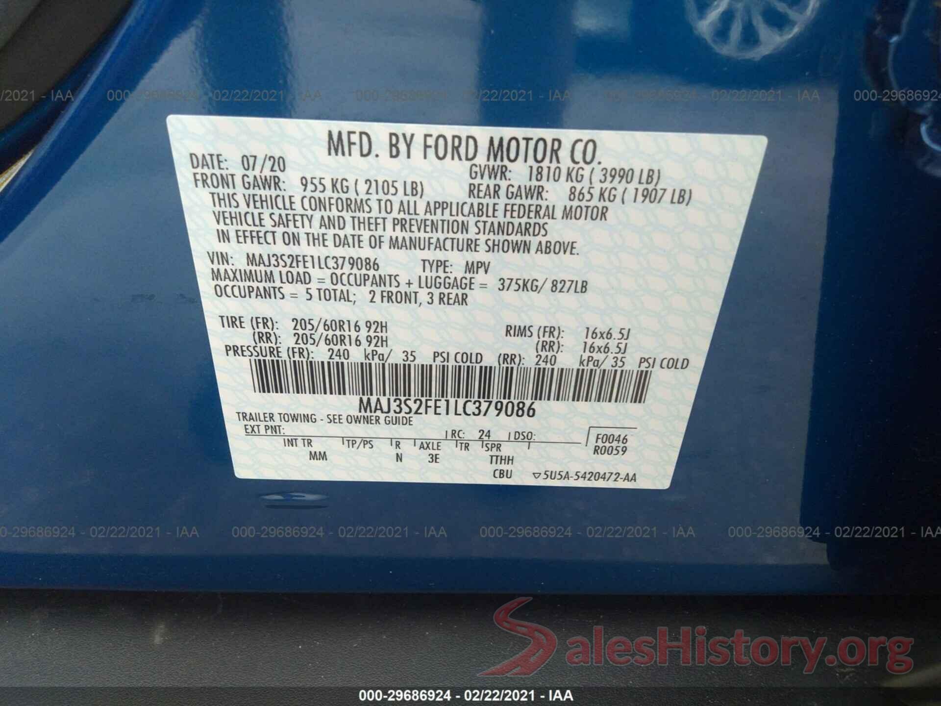 MAJ3S2FE1LC379086 2020 FORD ECOSPORT