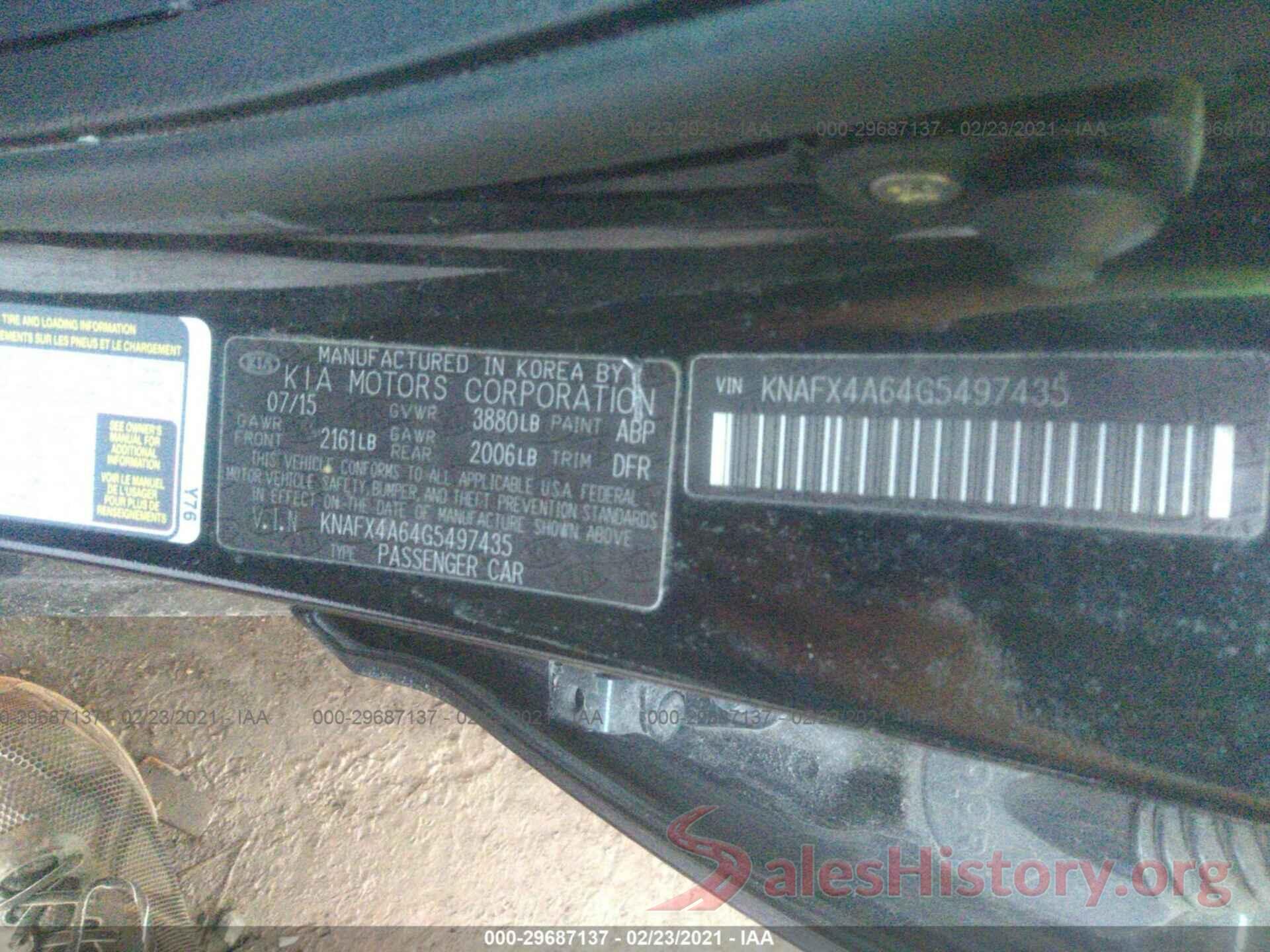 KNAFX4A64G5497435 2016 KIA FORTE