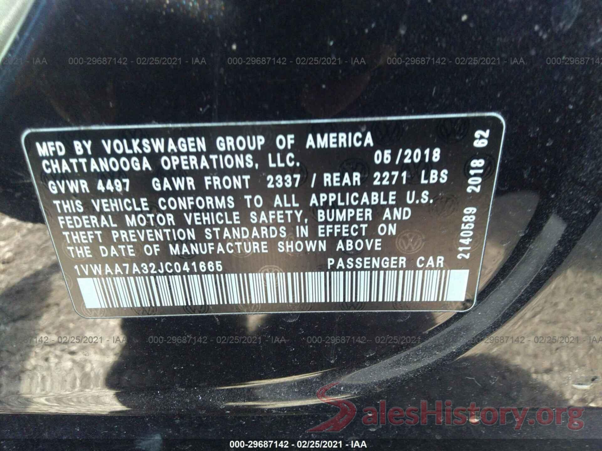 1VWAA7A32JC041665 2018 VOLKSWAGEN PASSAT