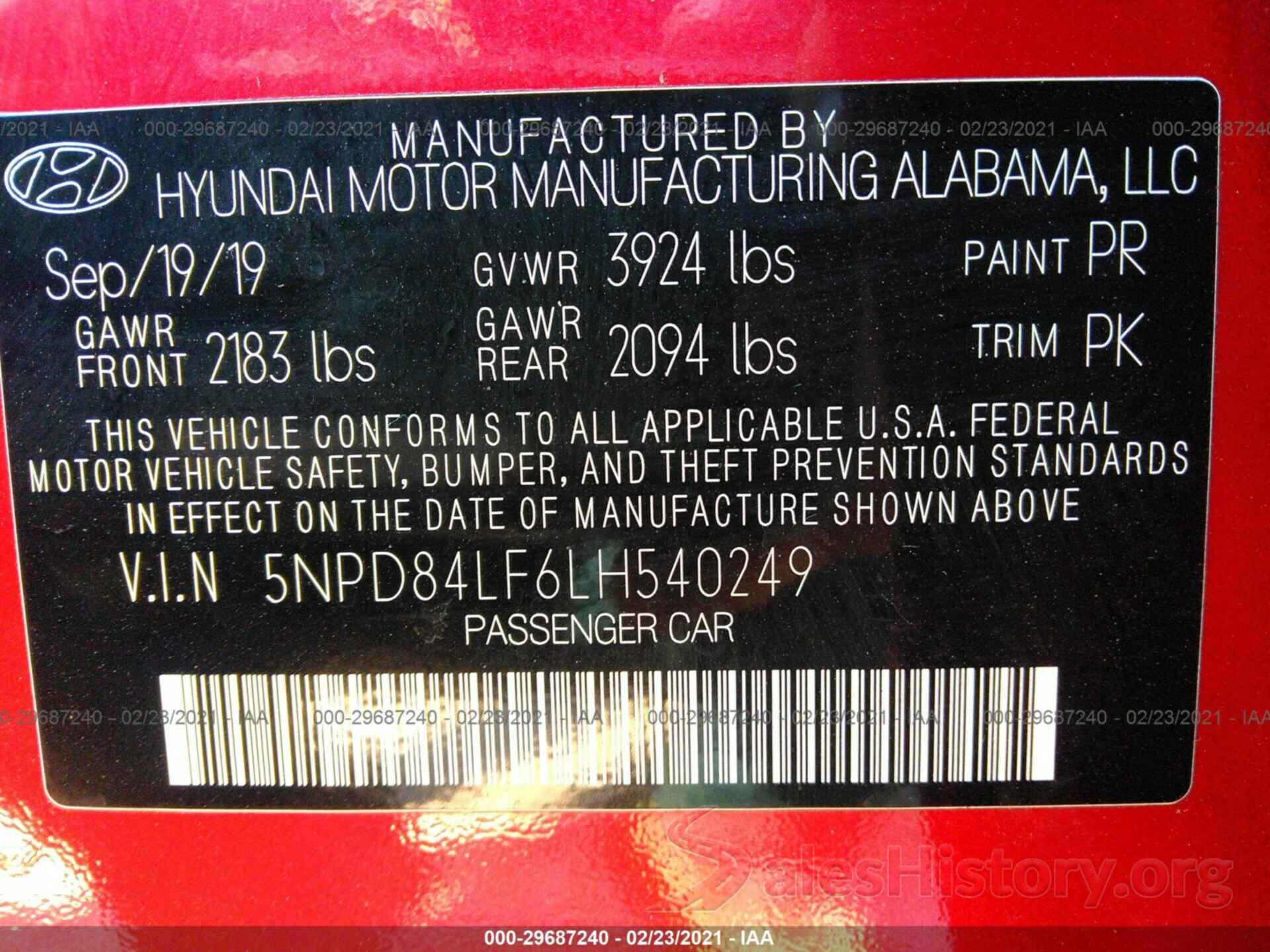 5NPD84LF6LH540249 2020 HYUNDAI ELANTRA