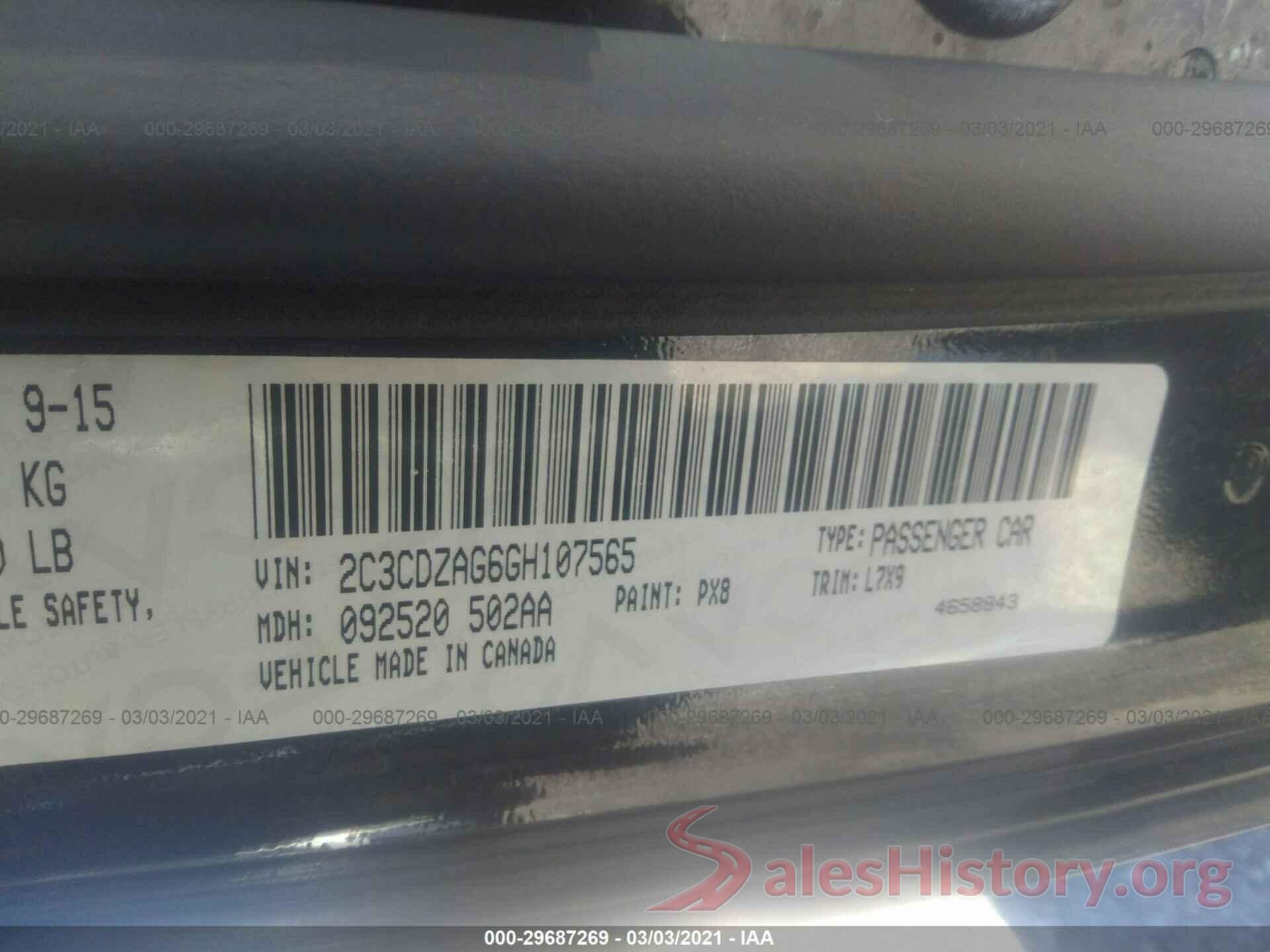 2C3CDZAG6GH107565 2016 DODGE CHALLENGER