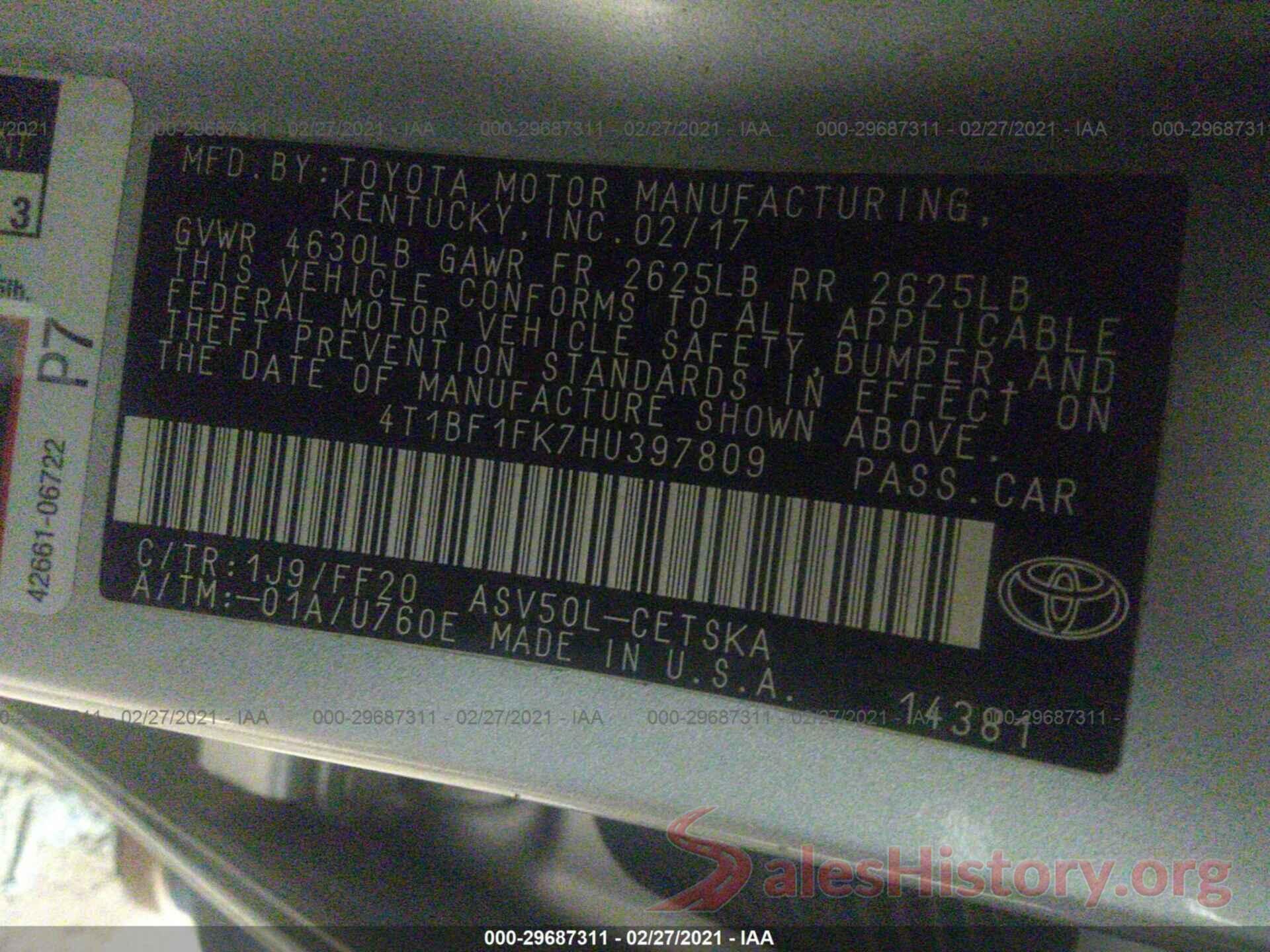 4T1BF1FK7HU397809 2017 TOYOTA CAMRY