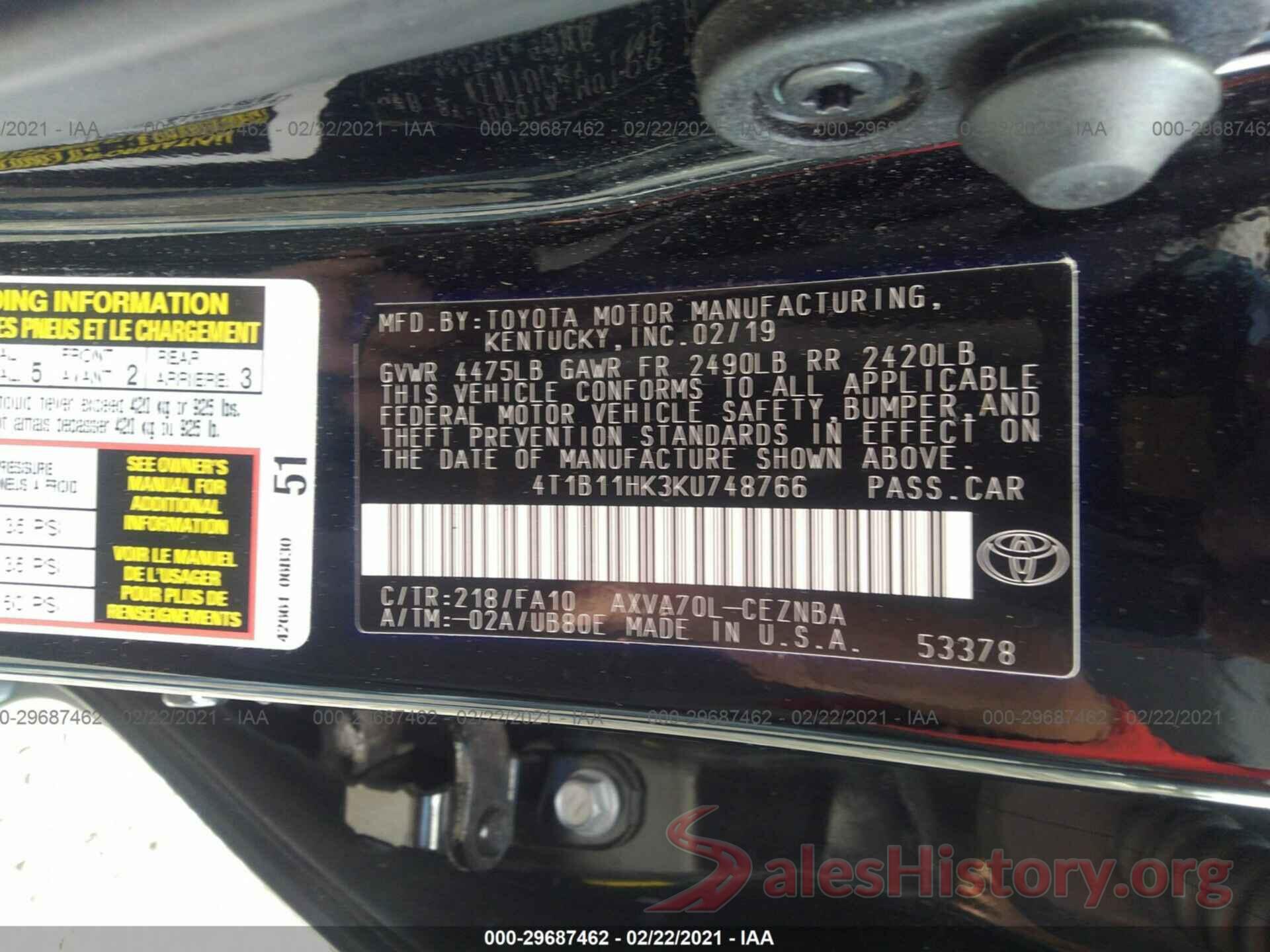 4T1B11HK3KU748766 2019 TOYOTA CAMRY