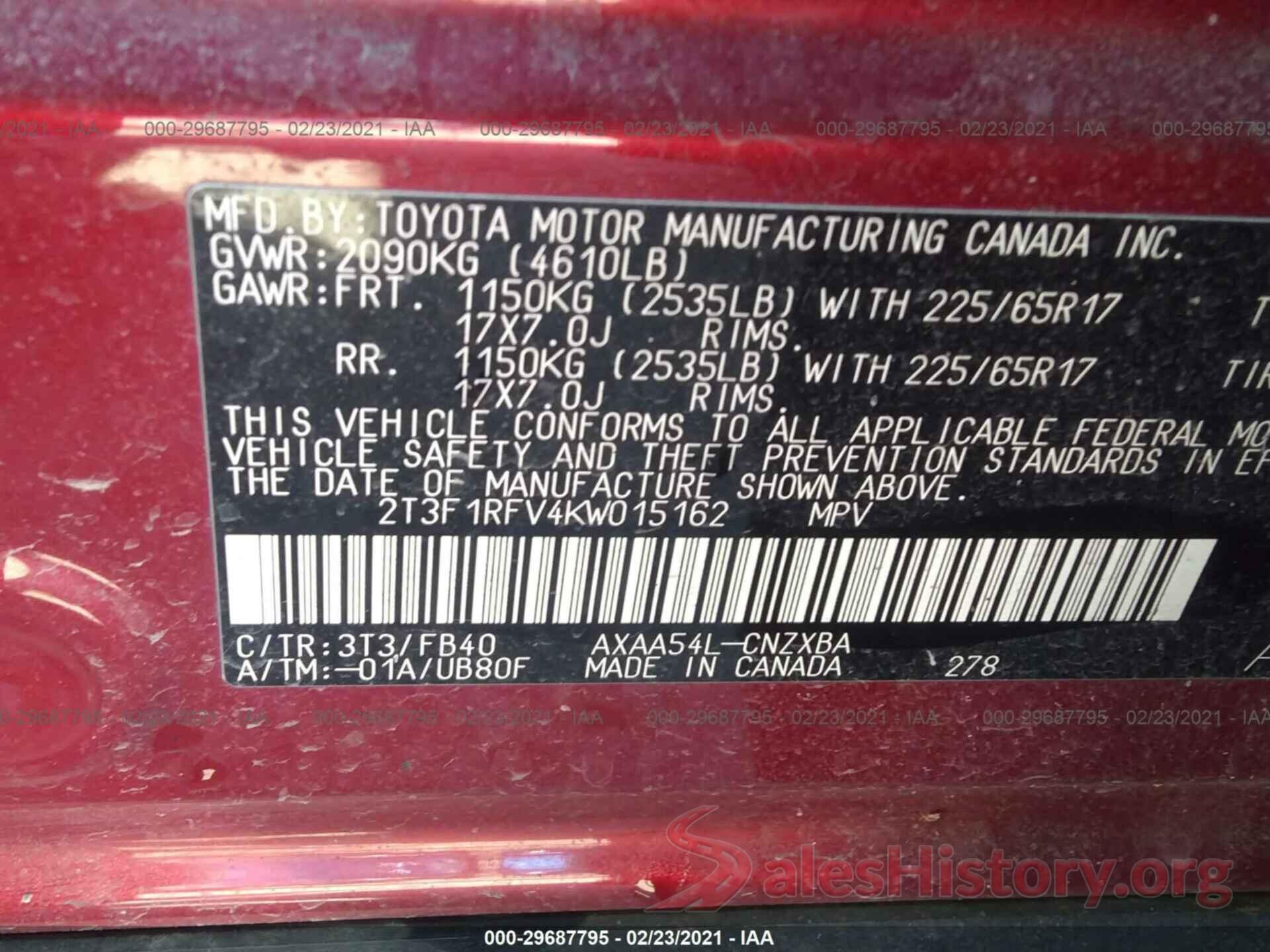 2T3F1RFV4KW015162 2019 TOYOTA RAV4