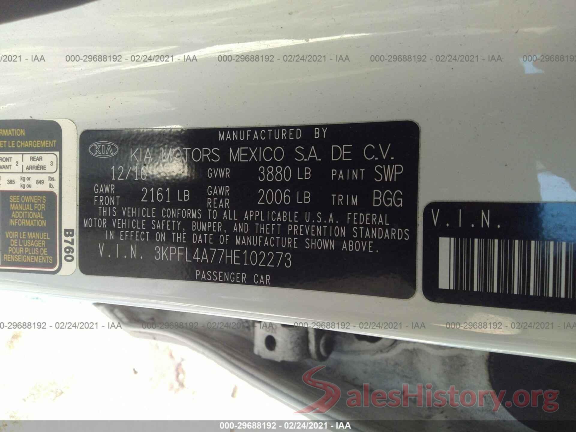 3KPFL4A77HE102273 2017 KIA FORTE