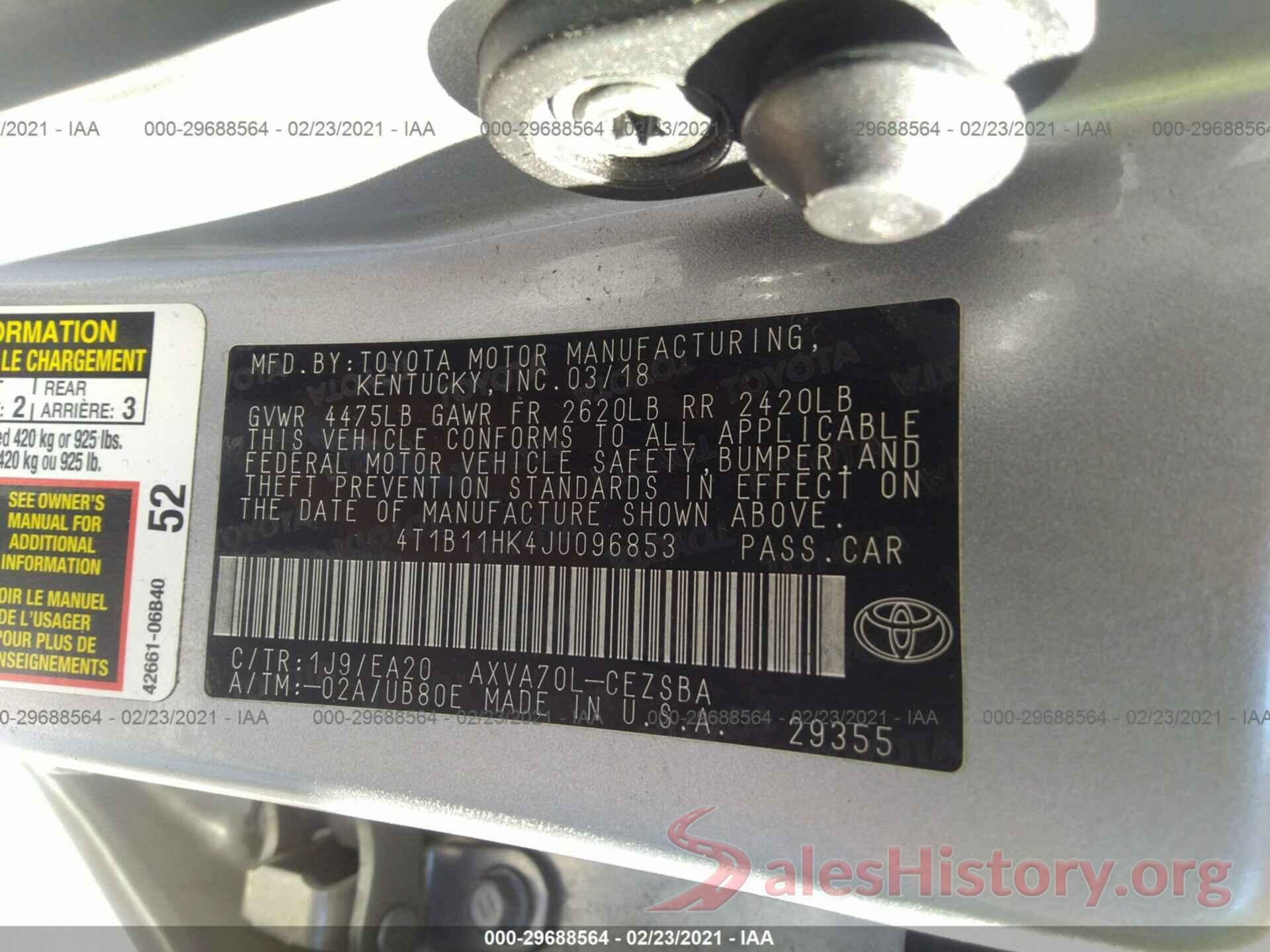 4T1B11HK4JU096853 2018 TOYOTA CAMRY