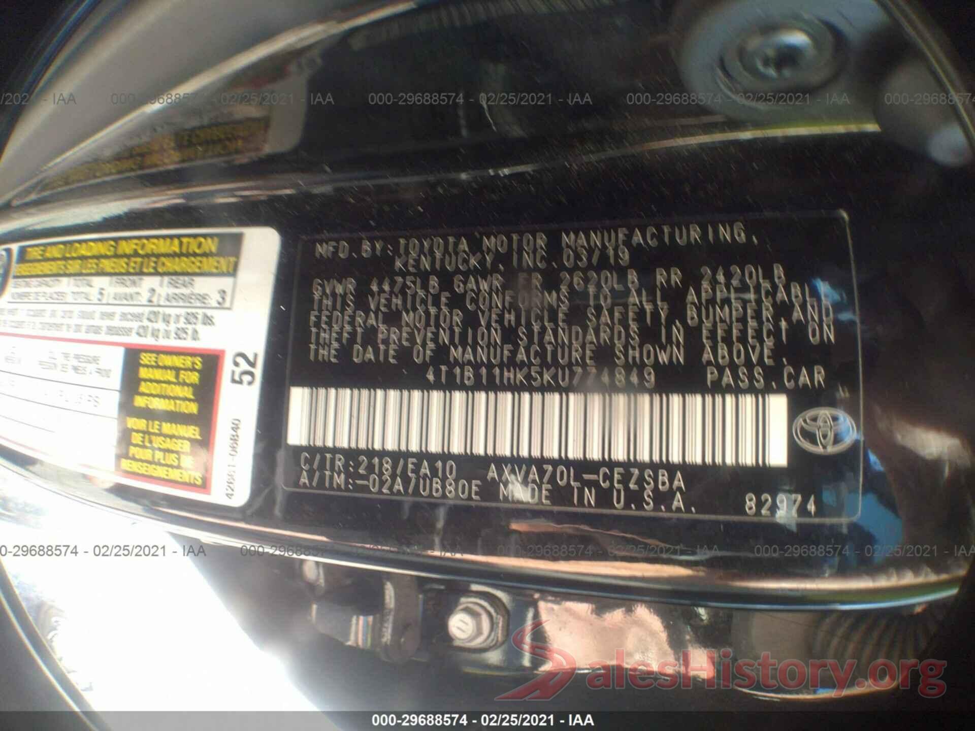 4T1B11HK5KU774849 2019 TOYOTA CAMRY