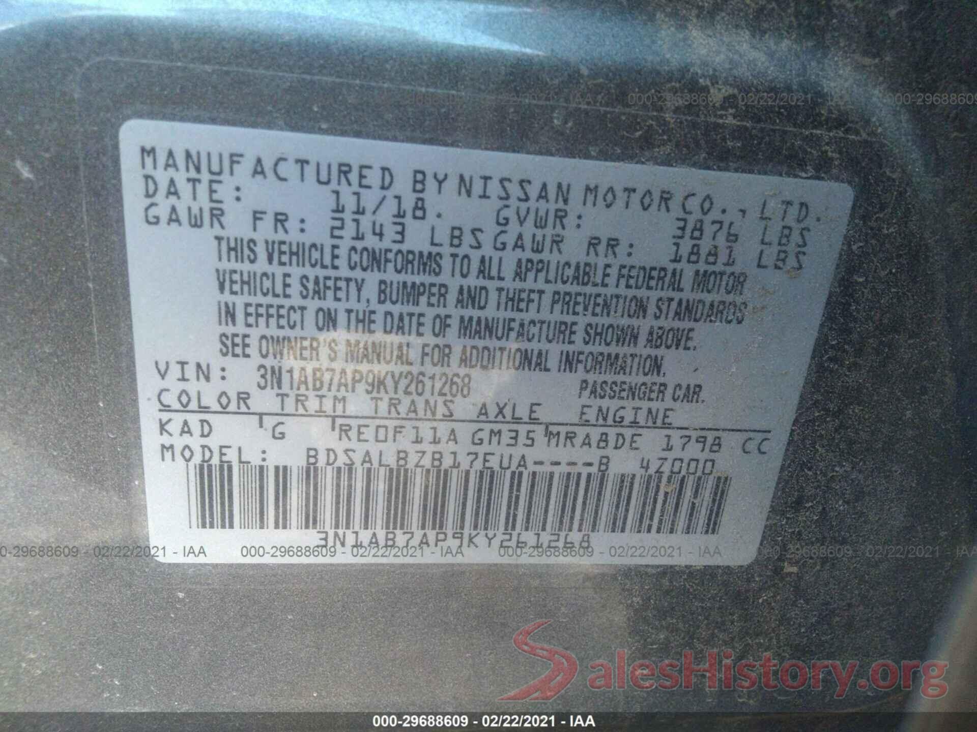 3N1AB7AP9KY261268 2019 NISSAN SENTRA