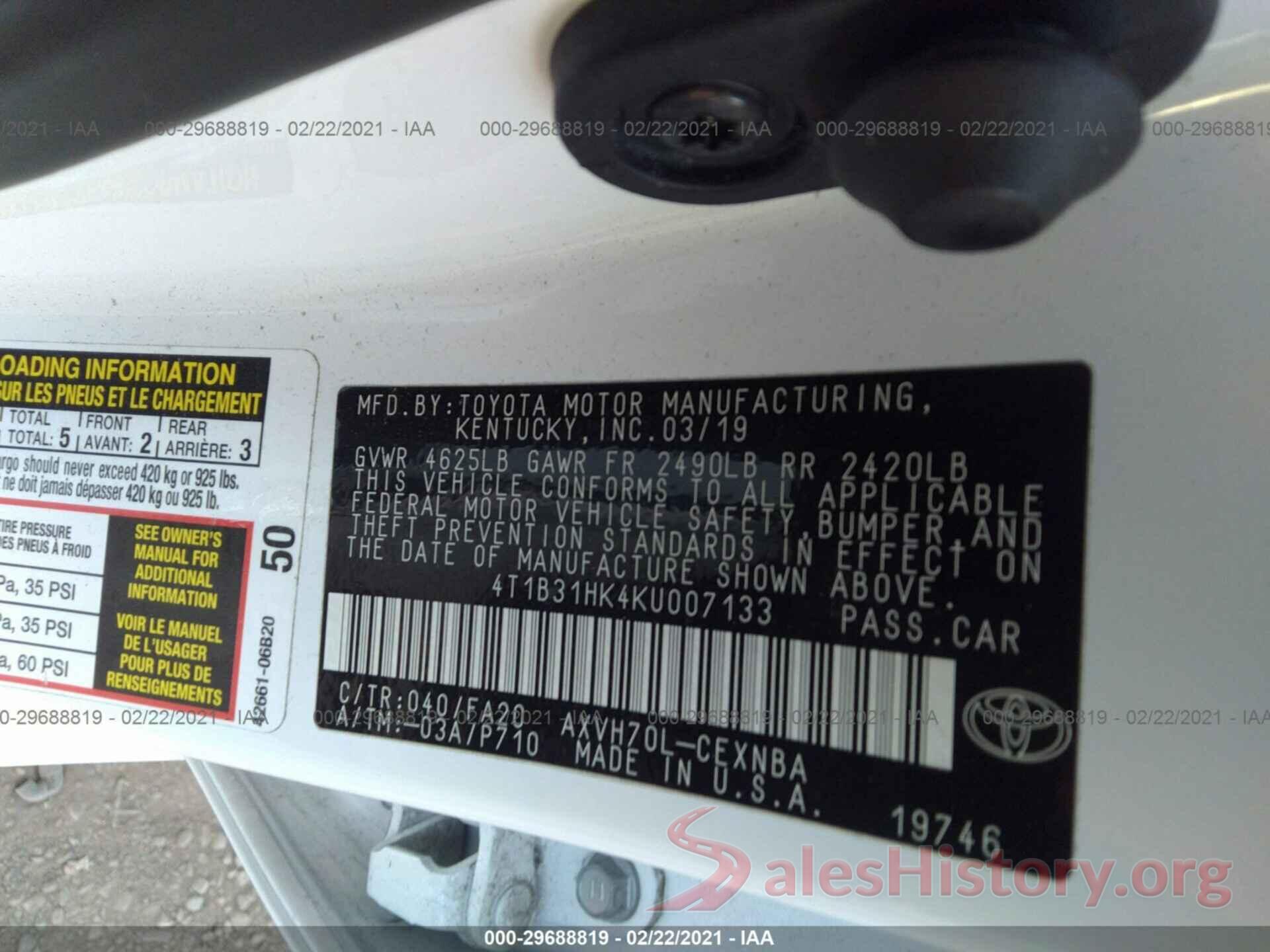 4T1B31HK4KU007133 2019 TOYOTA CAMRY