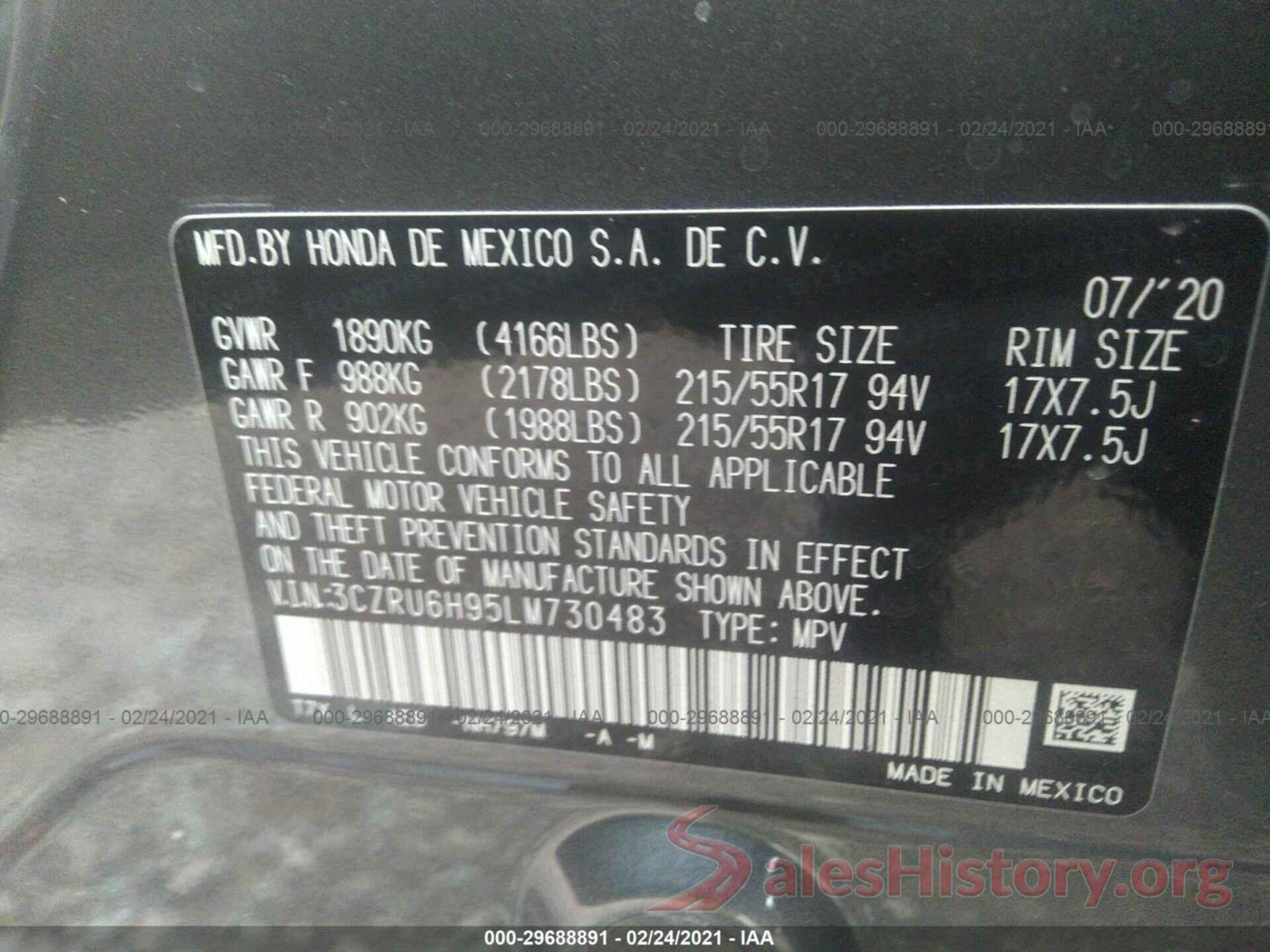 3CZRU6H95LM730483 2020 HONDA HR-V