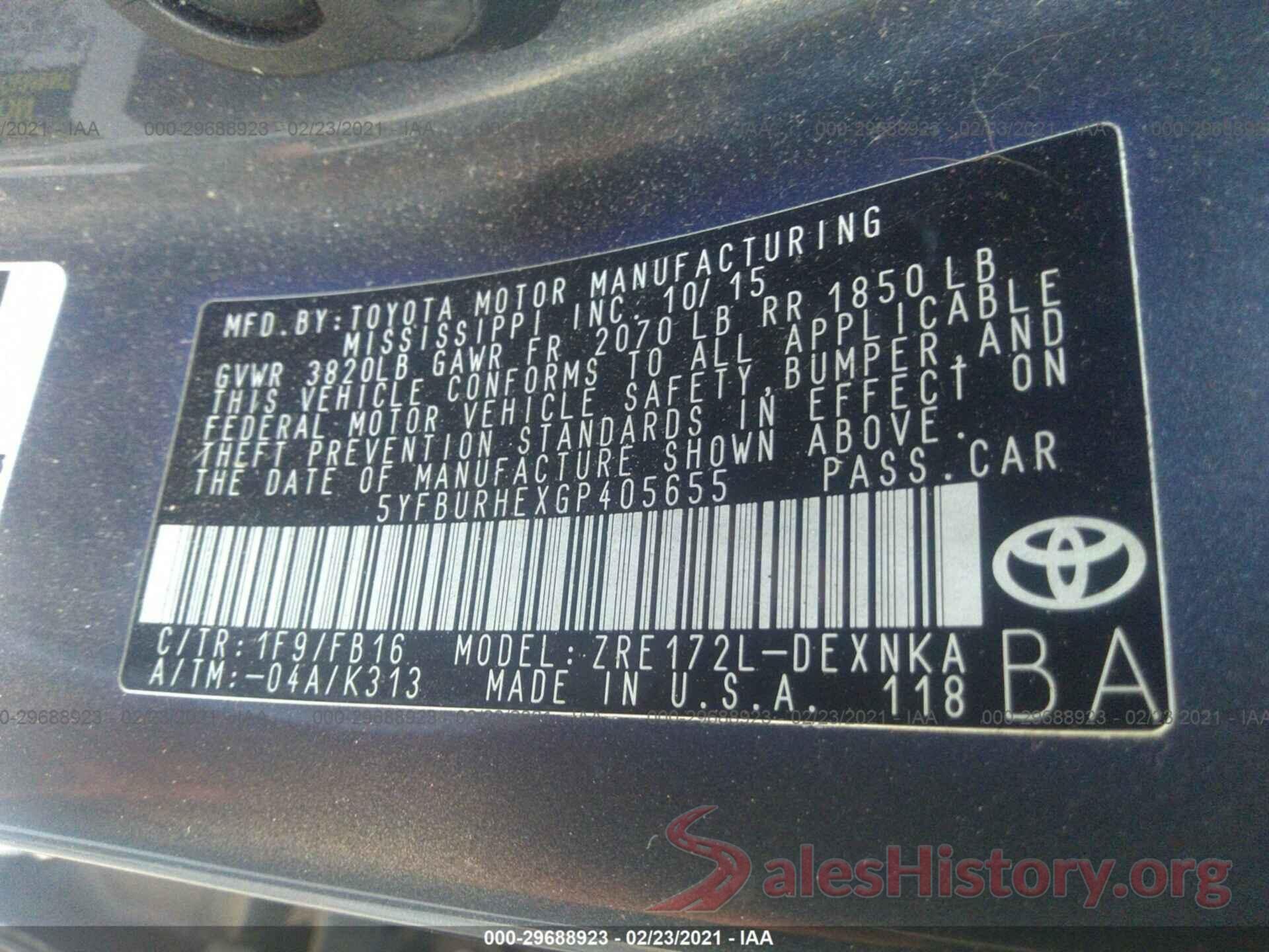 5YFBURHEXGP405655 2016 TOYOTA COROLLA