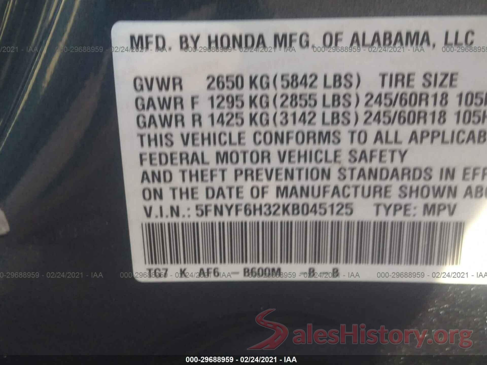 5FNYF6H32KB045125 2019 HONDA PILOT