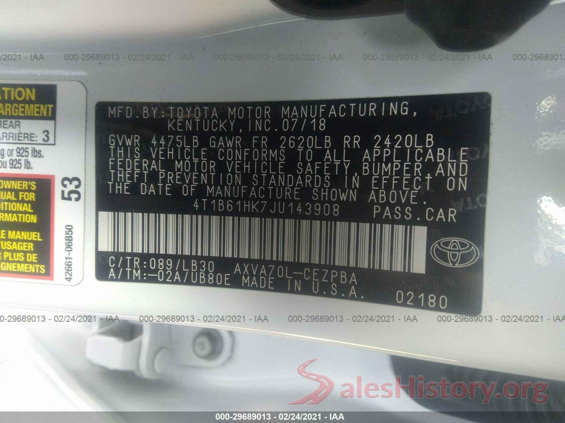 4T1B61HK7JU143908 2018 TOYOTA CAMRY