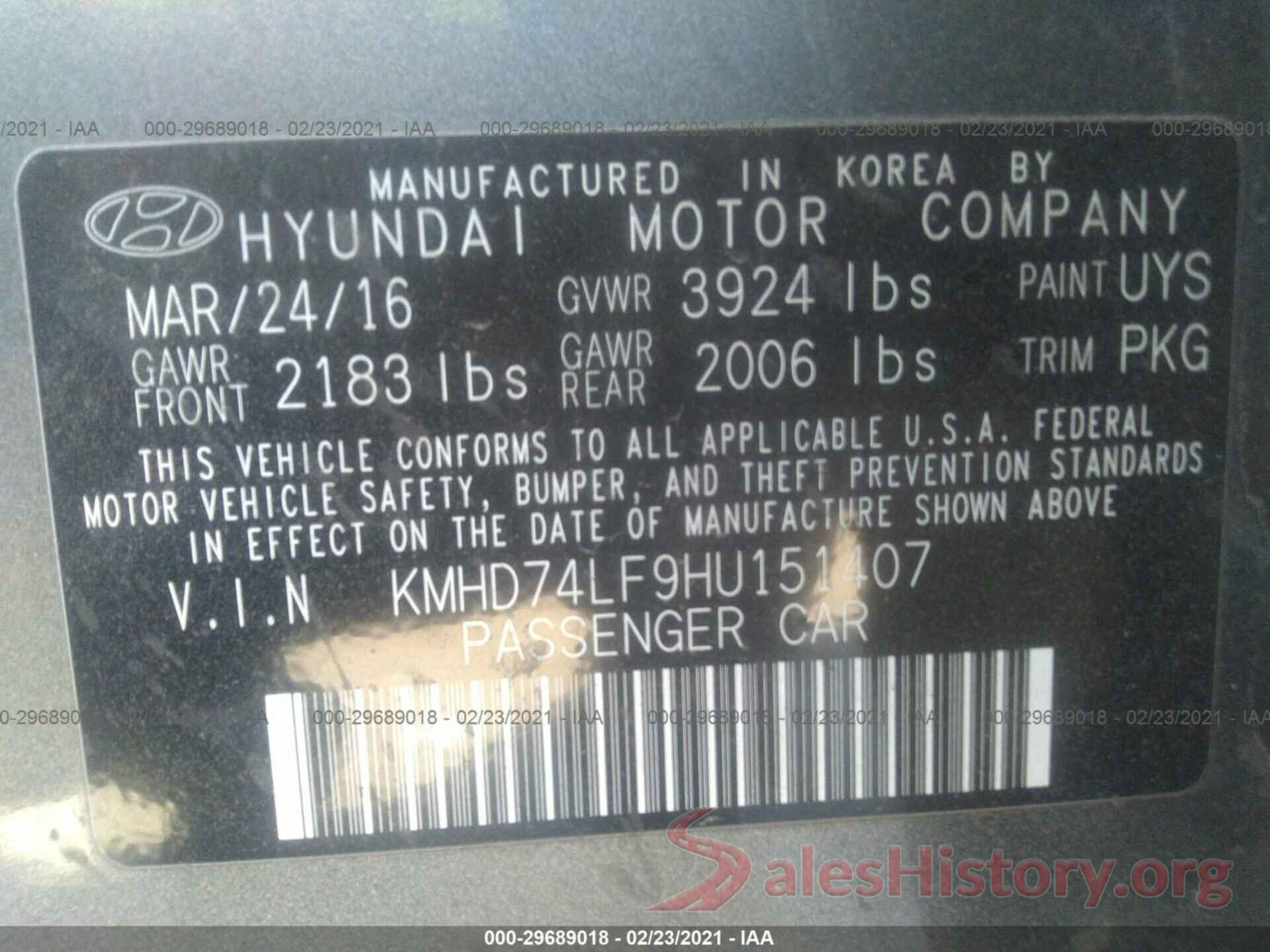 KMHD74LF9HU151407 2017 HYUNDAI ELANTRA