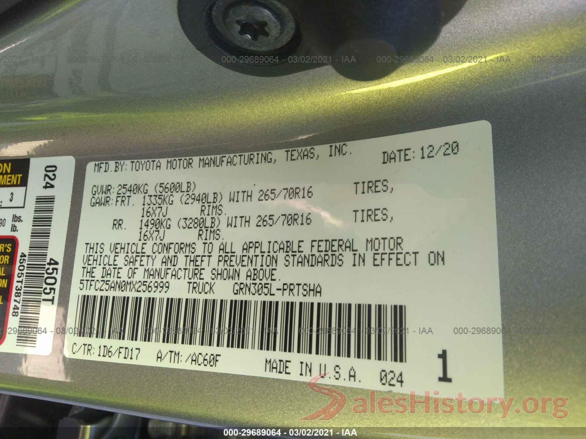 5TFCZ5AN0MX256999 2021 TOYOTA TACOMA 4WD