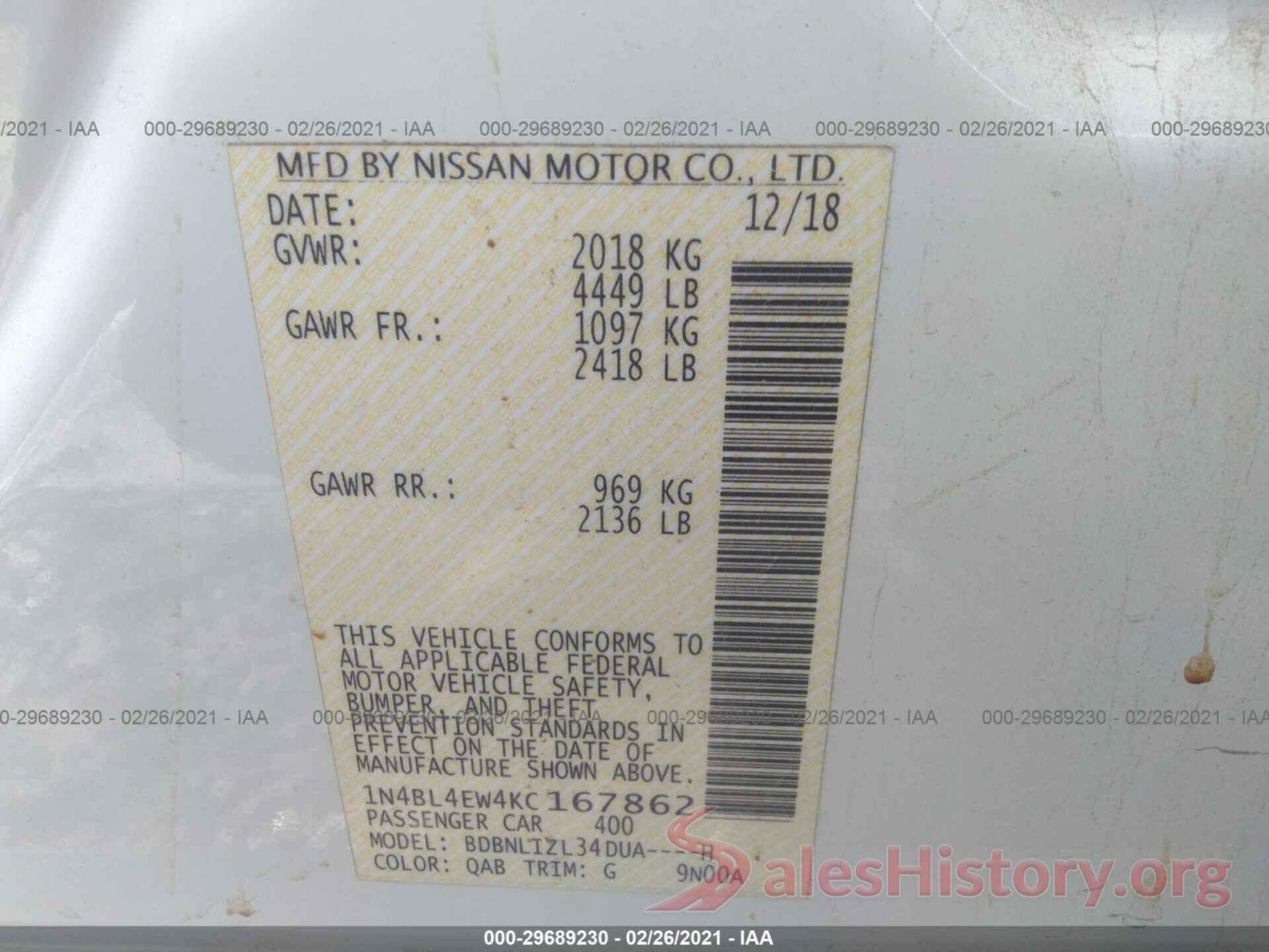 1N4BL4EW4KC167862 2019 NISSAN ALTIMA