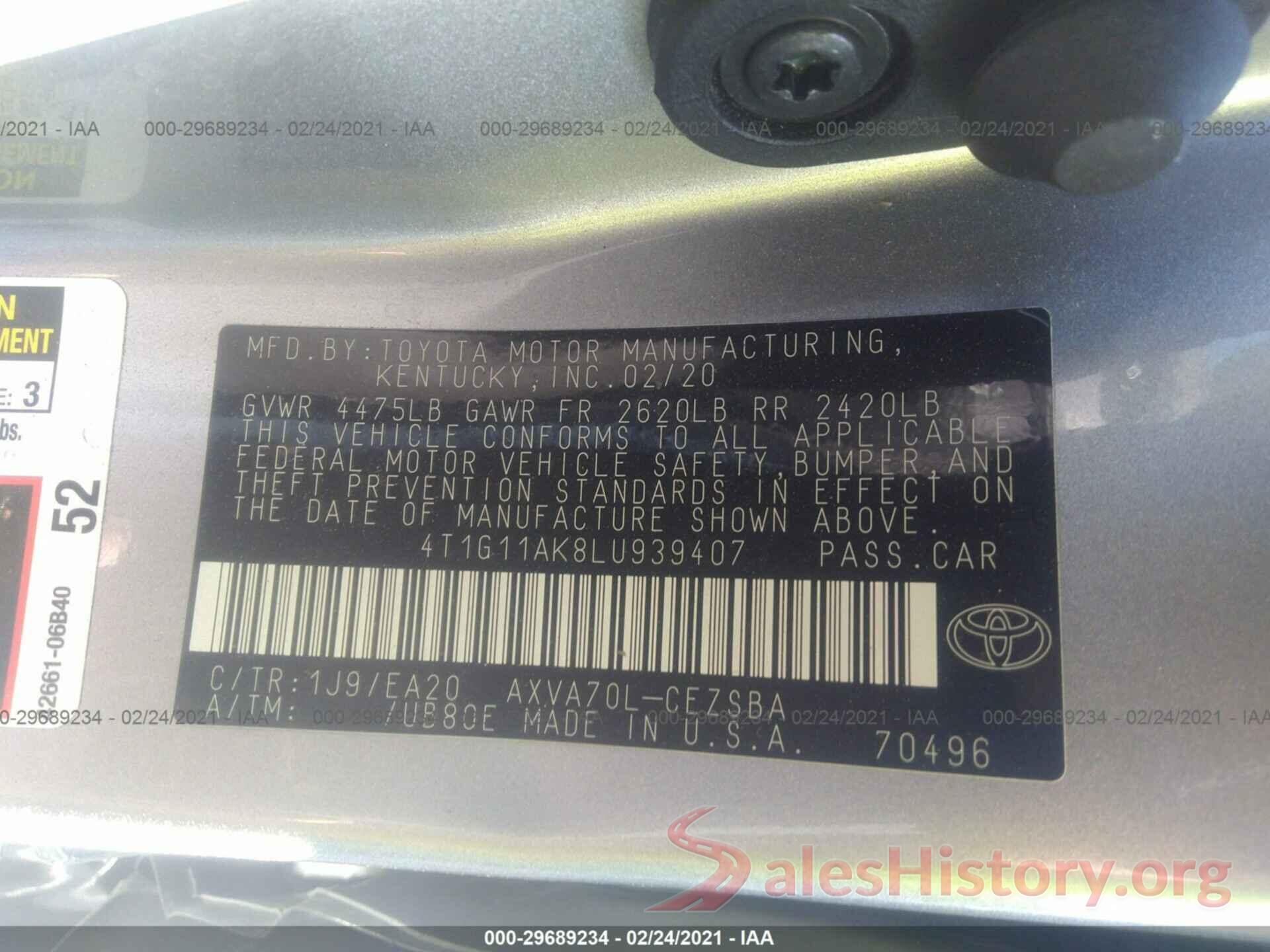 4T1G11AK8LU939407 2020 TOYOTA CAMRY