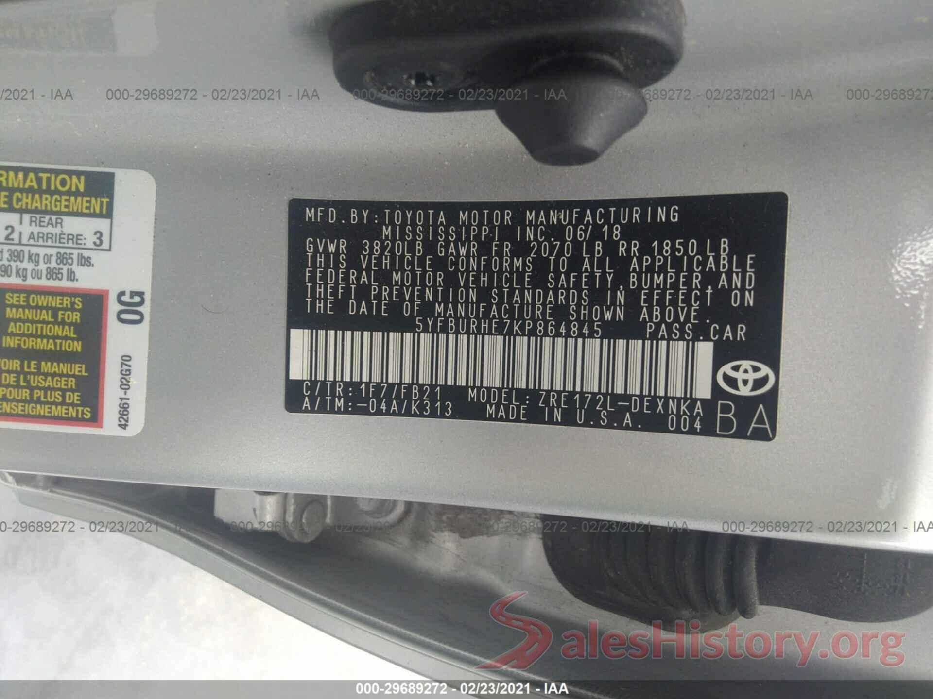 5YFBURHE7KP864845 2019 TOYOTA COROLLA