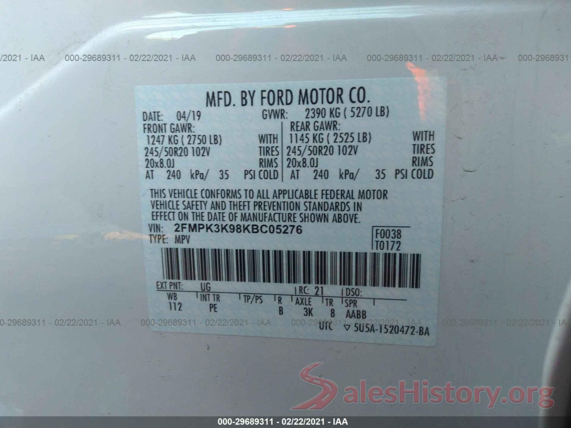 2FMPK3K98KBC05276 2019 FORD EDGE