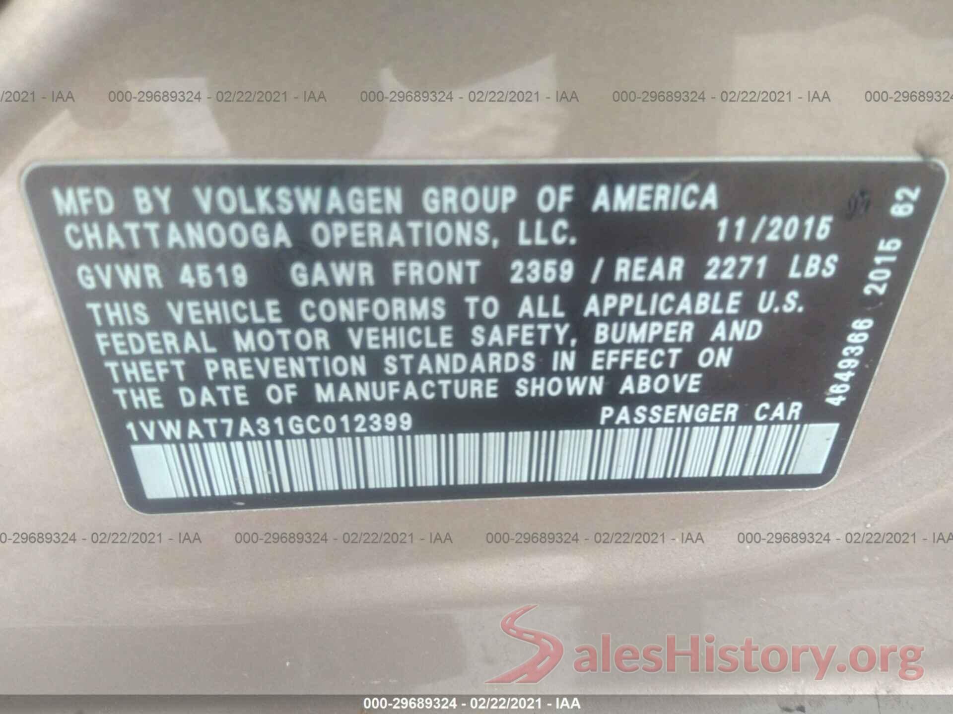 1VWAT7A31GC012399 2016 VOLKSWAGEN PASSAT