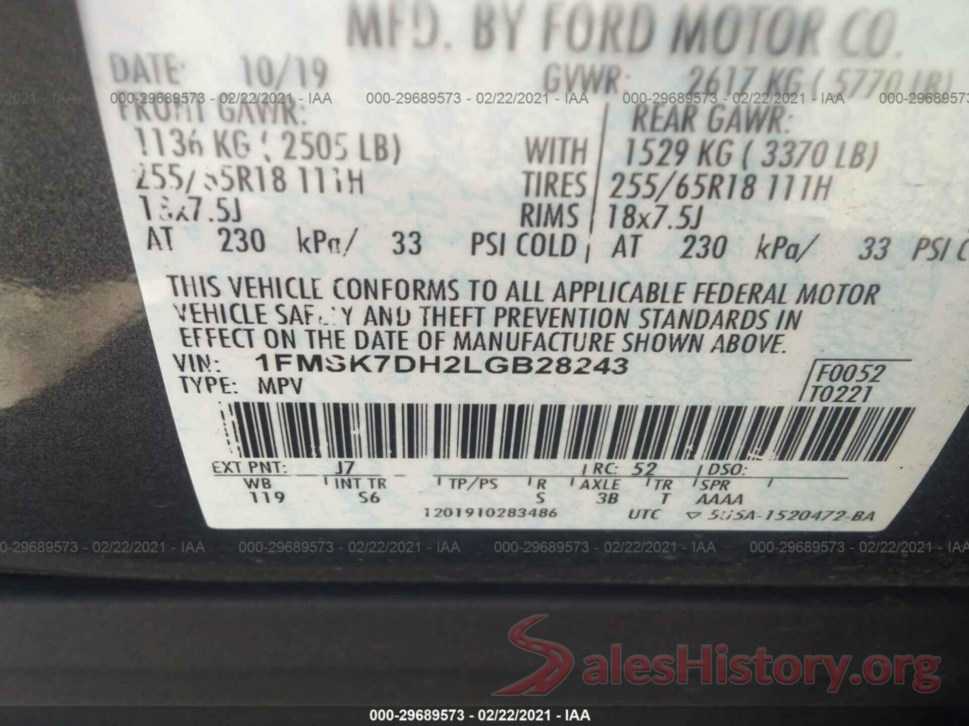 1FMSK7DH2LGB28243 2020 FORD EXPLORER