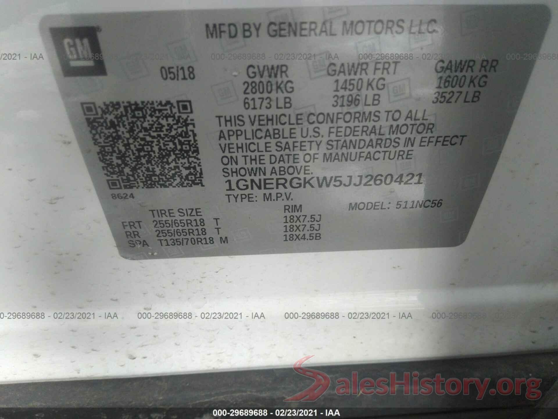 1GNERGKW5JJ260421 2018 CHEVROLET TRAVERSE