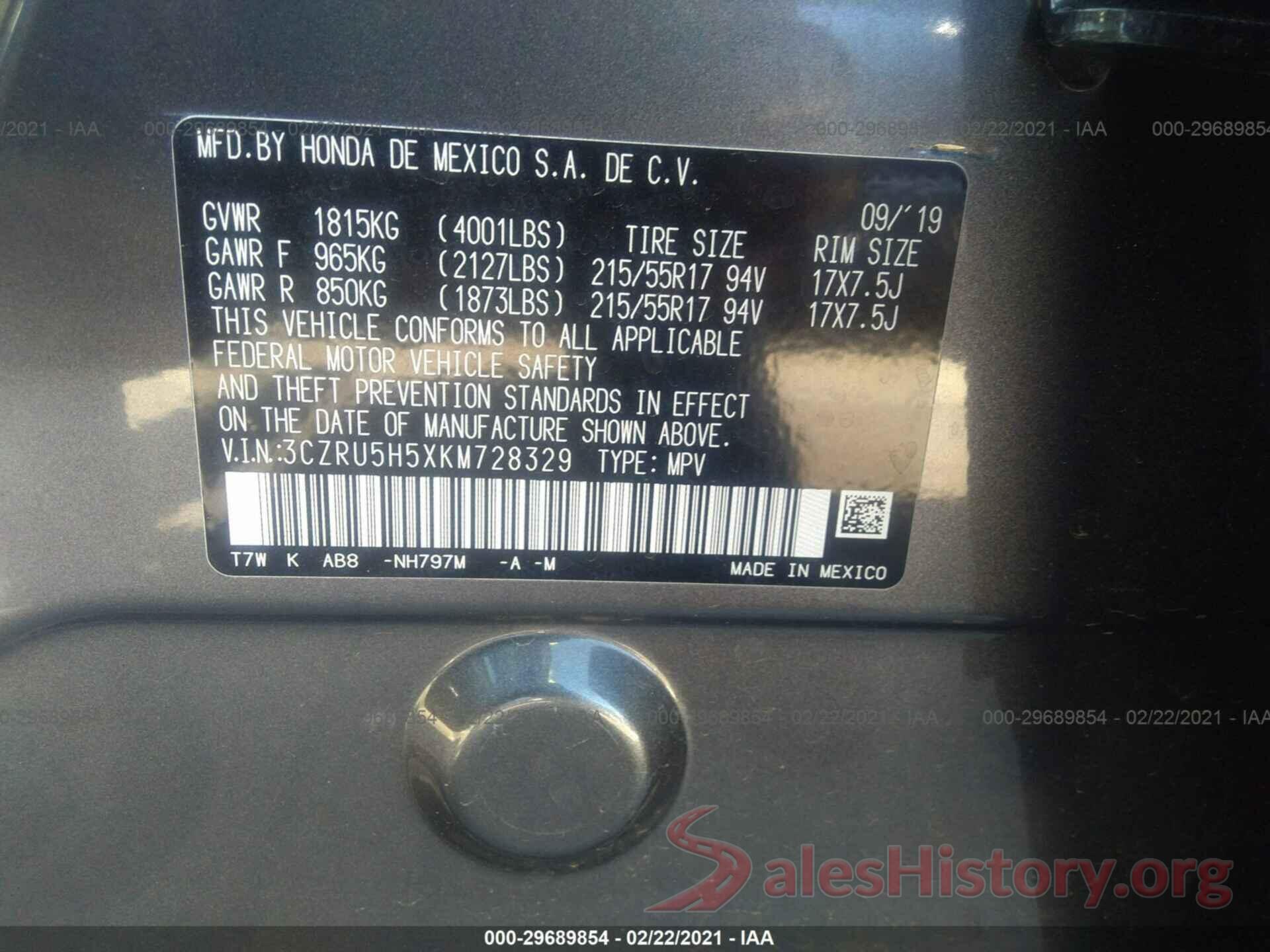 3CZRU5H5XKM728329 2019 HONDA HR-V