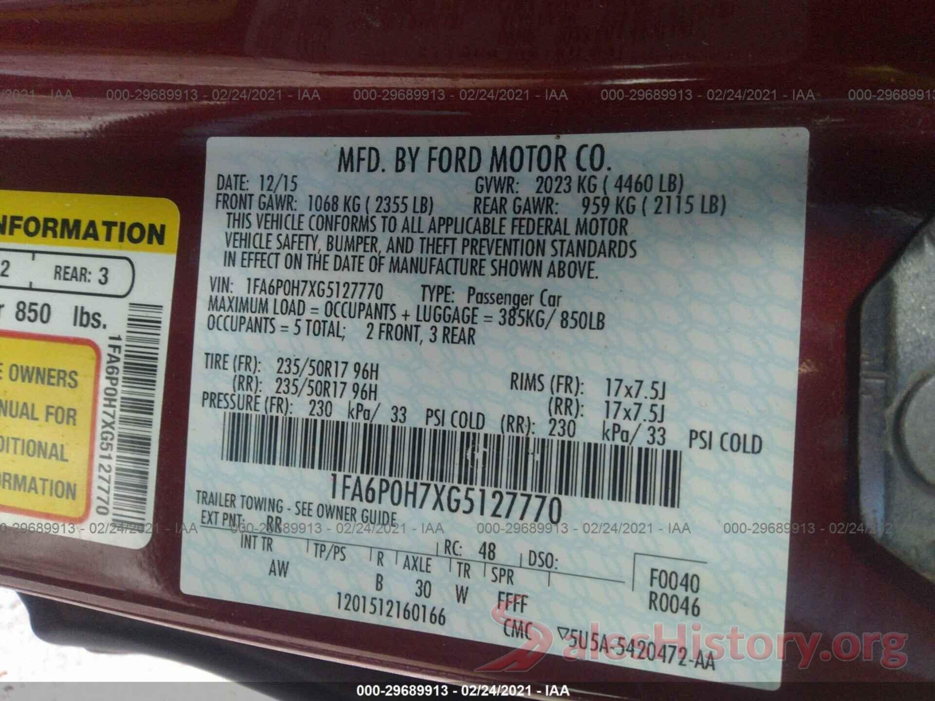 1FA6P0H7XG5127770 2016 FORD FUSION