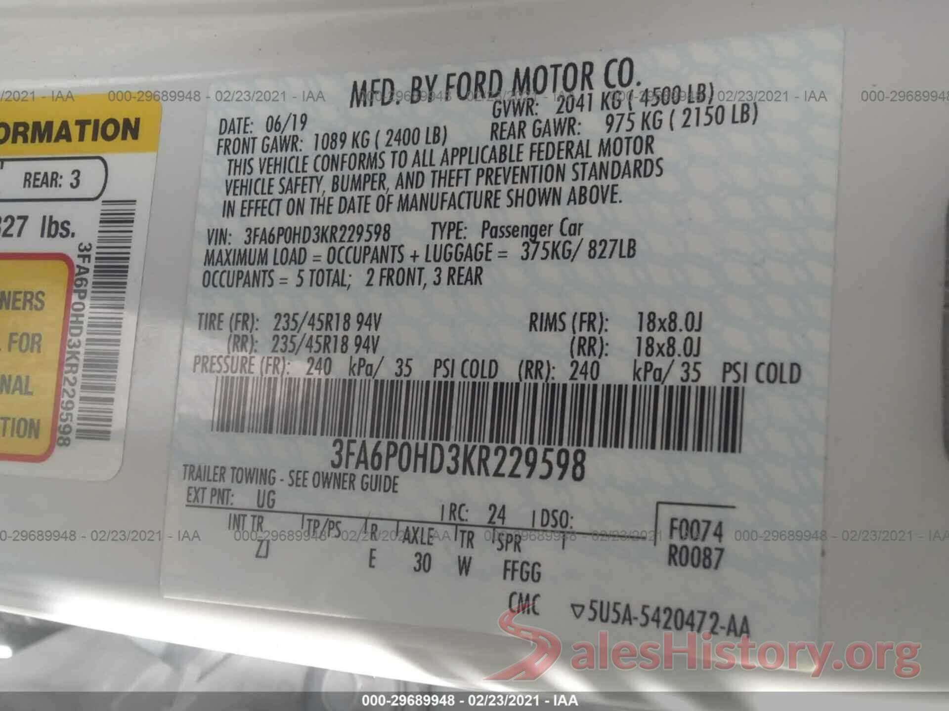 3FA6P0HD3KR229598 2019 FORD FUSION