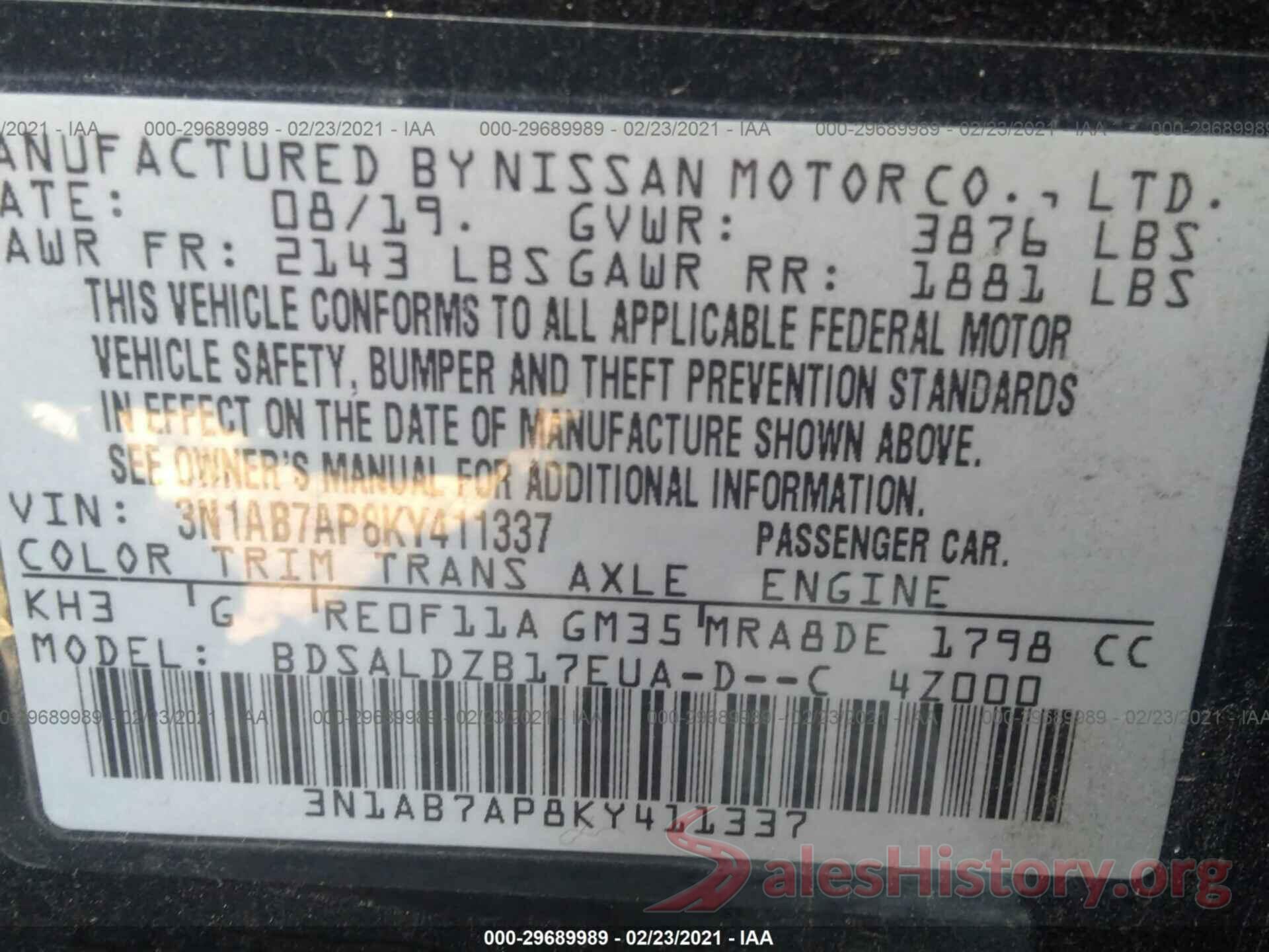 3N1AB7AP8KY411337 2019 NISSAN SENTRA