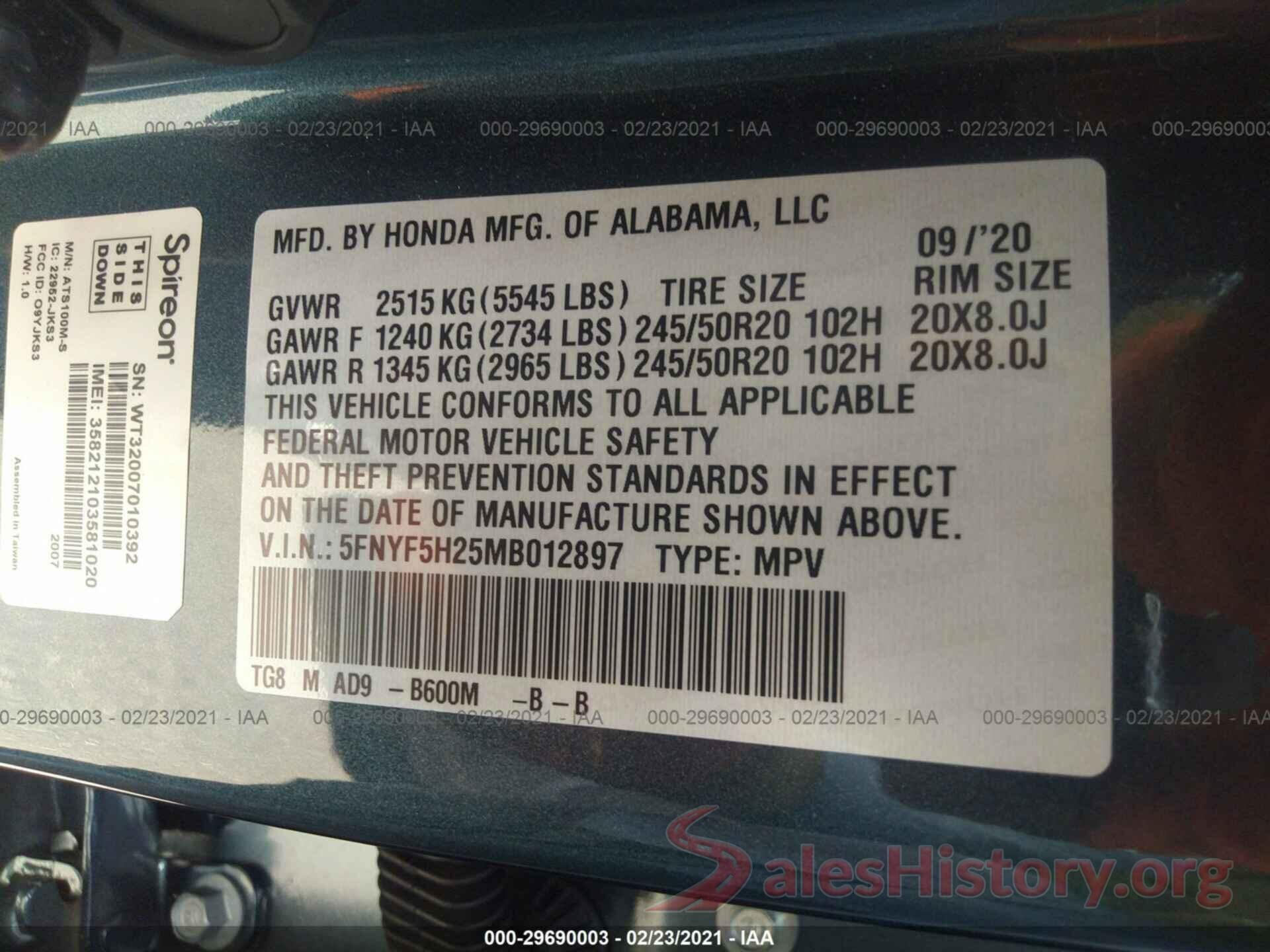 5FNYF5H25MB012897 2021 HONDA PILOT