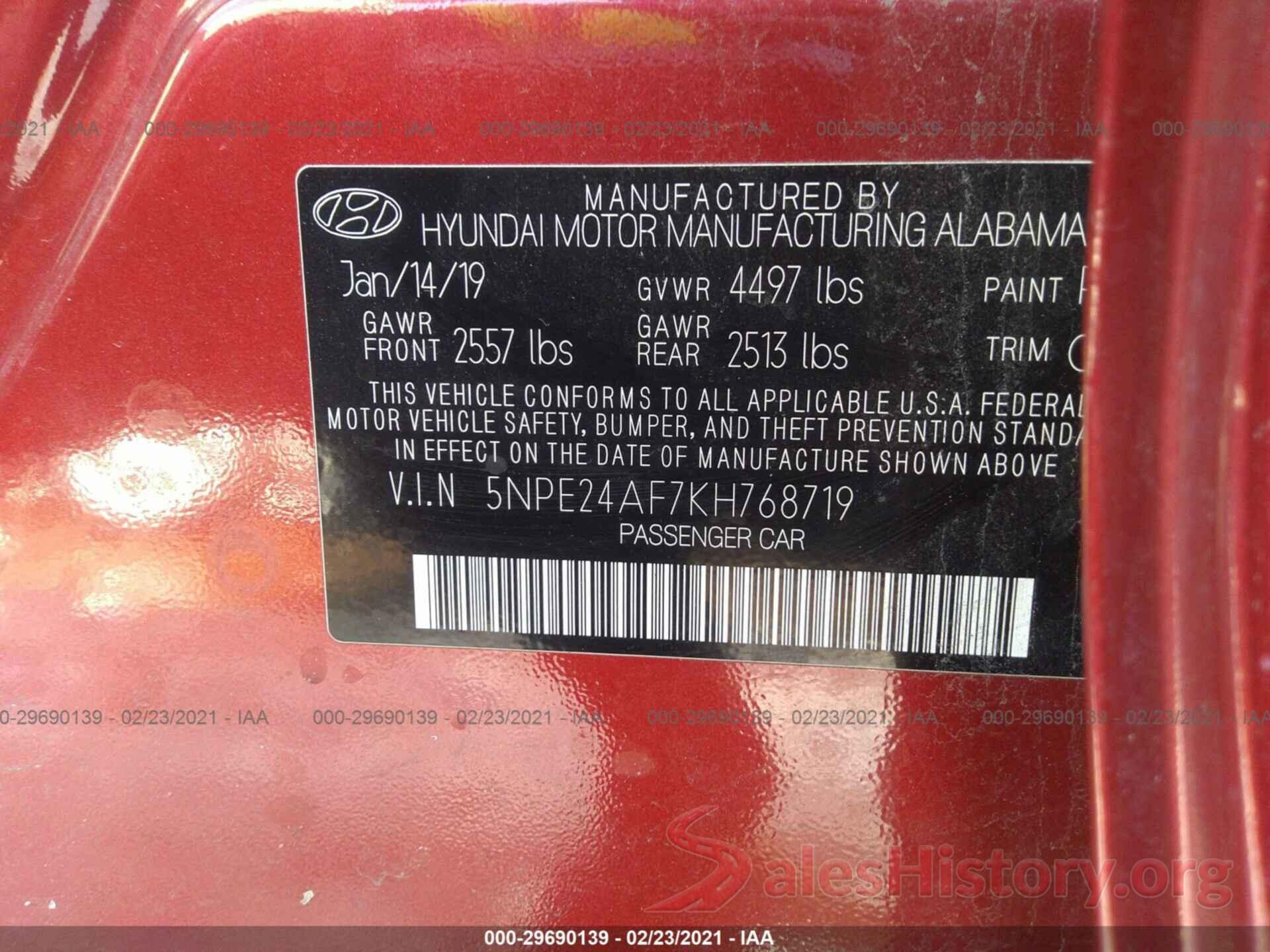 5NPE24AF7KH768719 2019 HYUNDAI SONATA