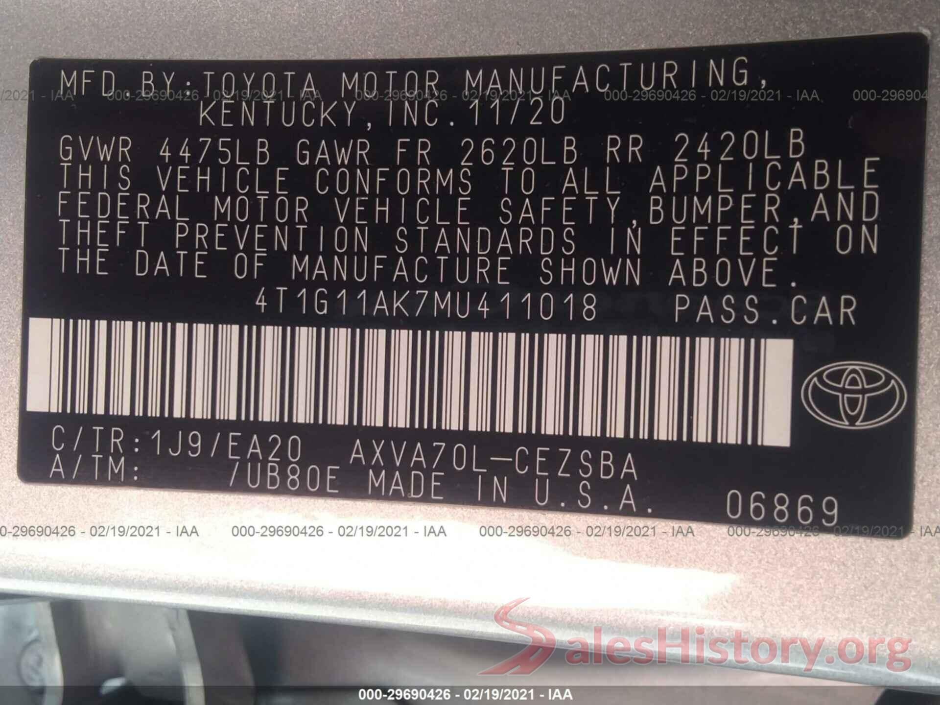 4T1G11AK7MU411018 2021 TOYOTA CAMRY