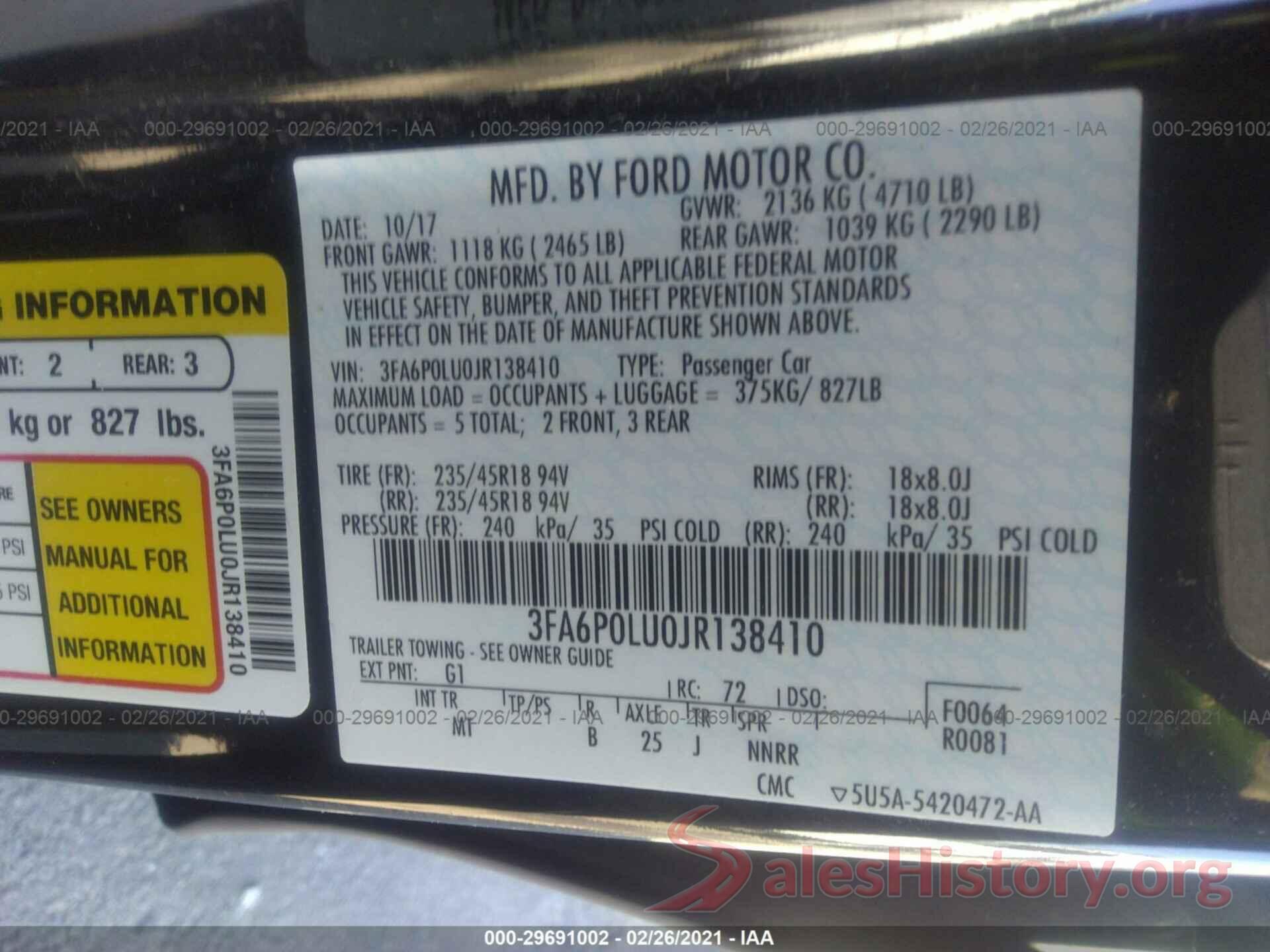 3FA6P0LU0JR138410 2018 FORD FUSION HYBRID