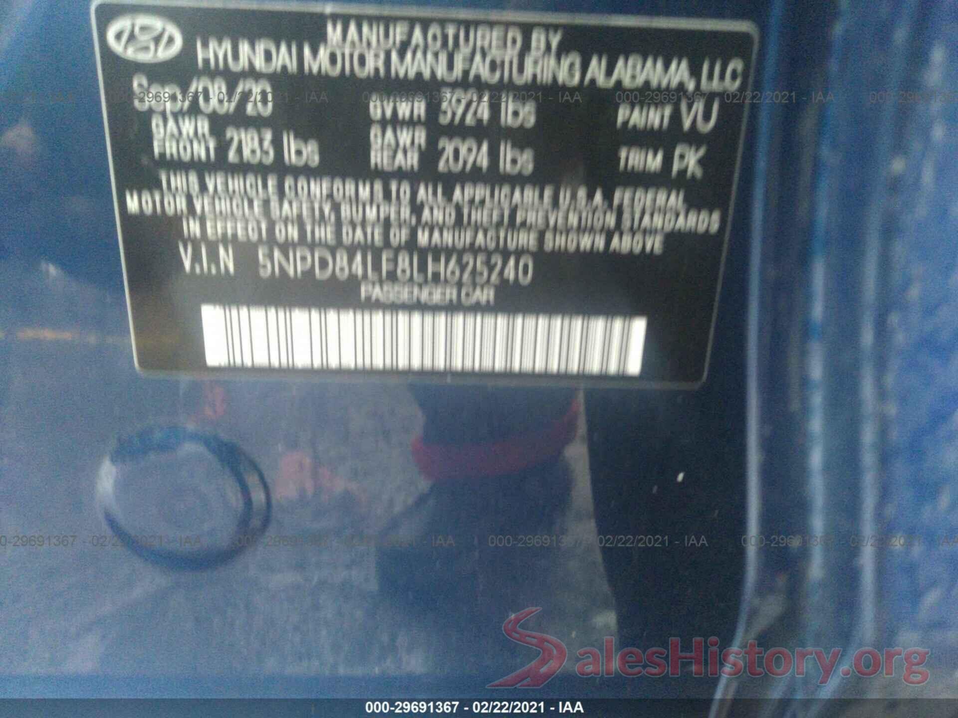 5NPD84LF8LH625240 2020 HYUNDAI ELANTRA