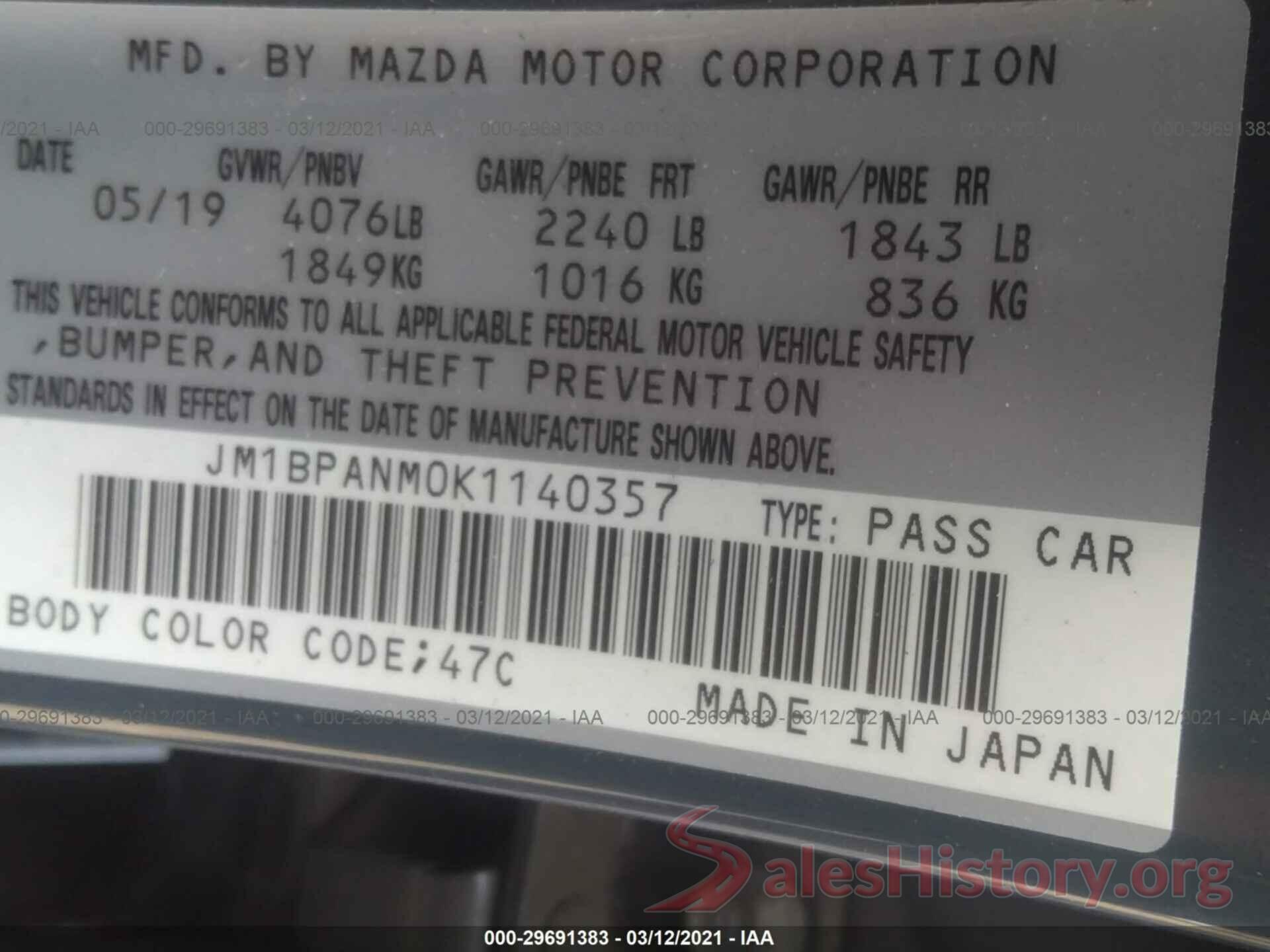 JM1BPANM0K1140357 2019 MAZDA MAZDA3 HATCHBACK