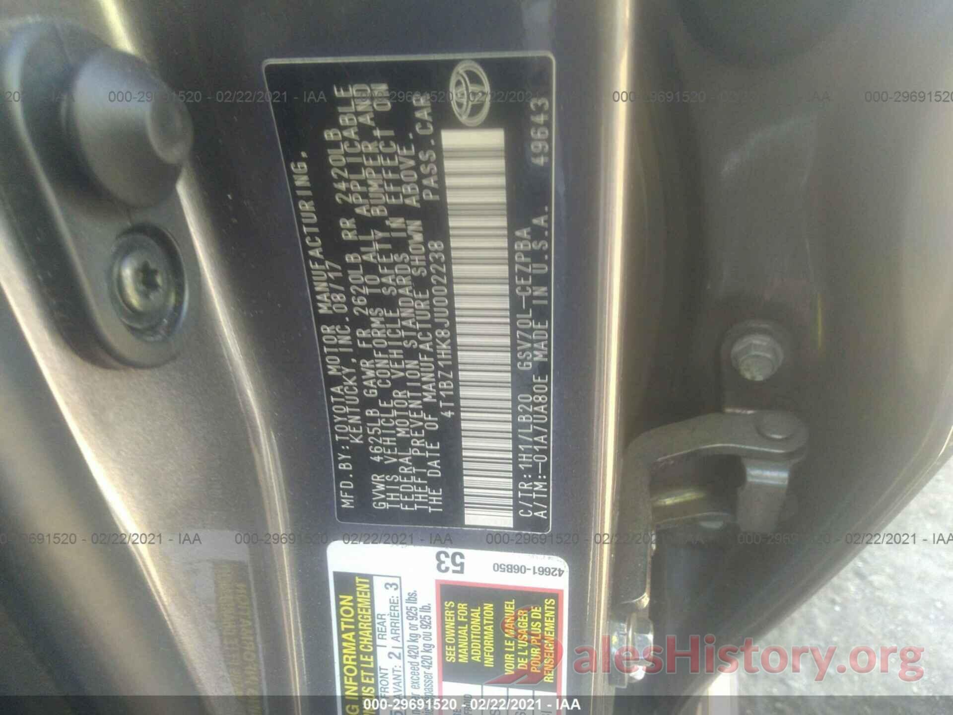 4T1BZ1HK8JU002238 2018 TOYOTA CAMRY