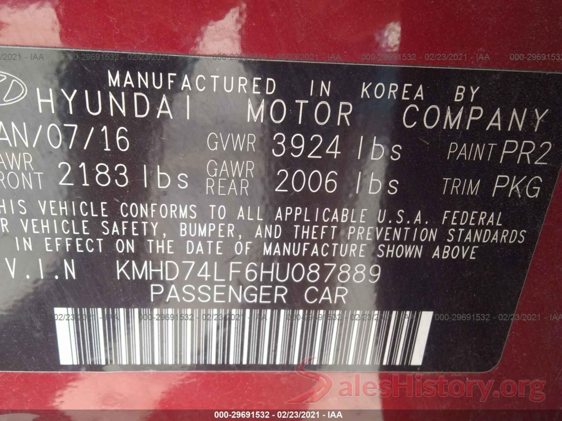 KMHD74LF6HU087889 2017 HYUNDAI ELANTRA