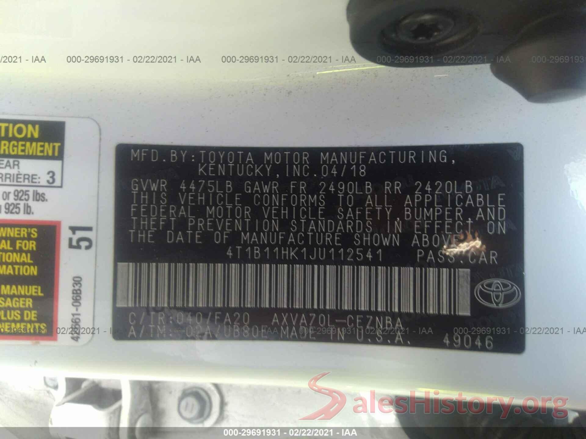 4T1B11HK1JU112541 2018 TOYOTA CAMRY