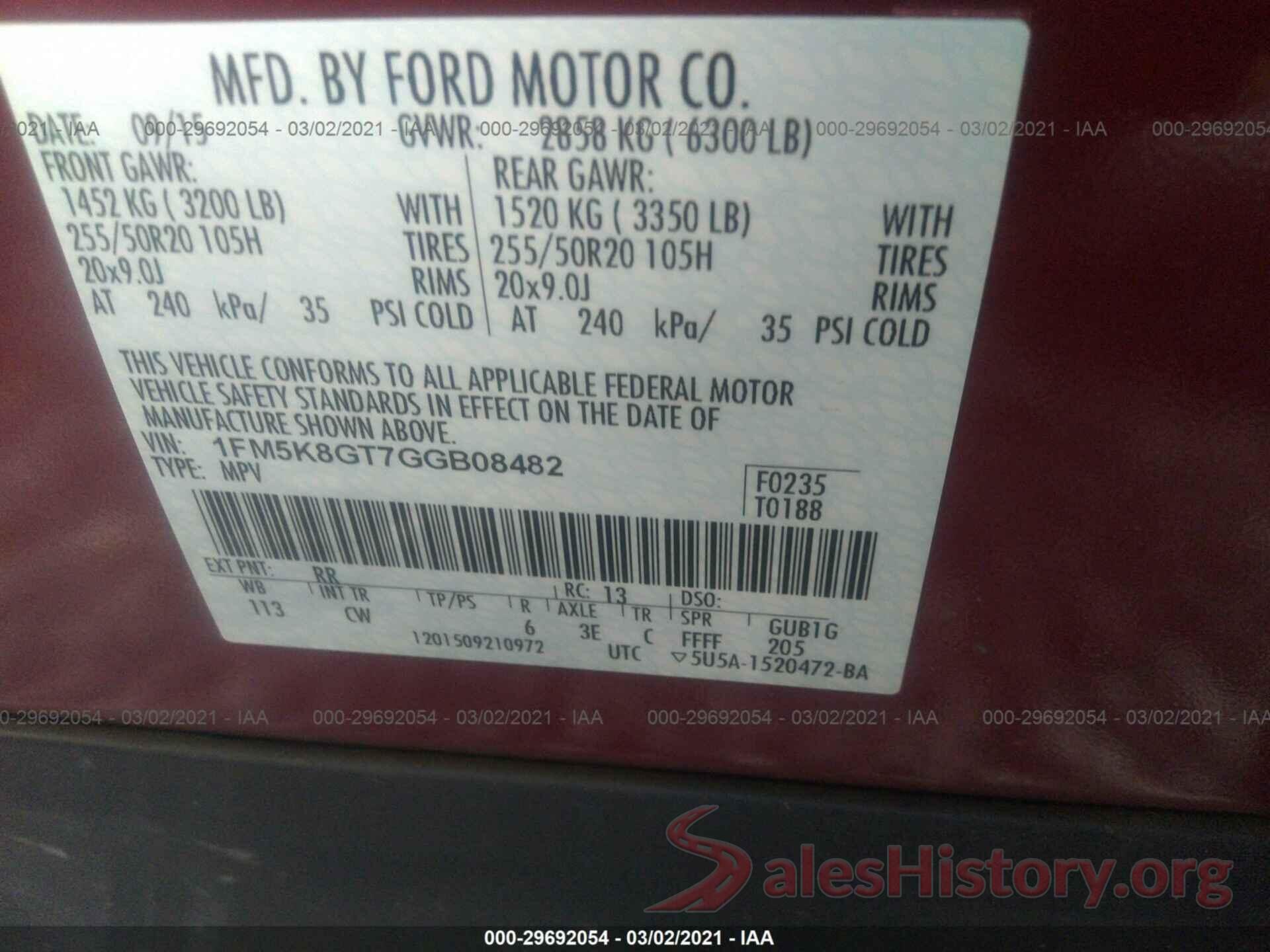 1FM5K8GT7GGB08482 2016 FORD EXPLORER