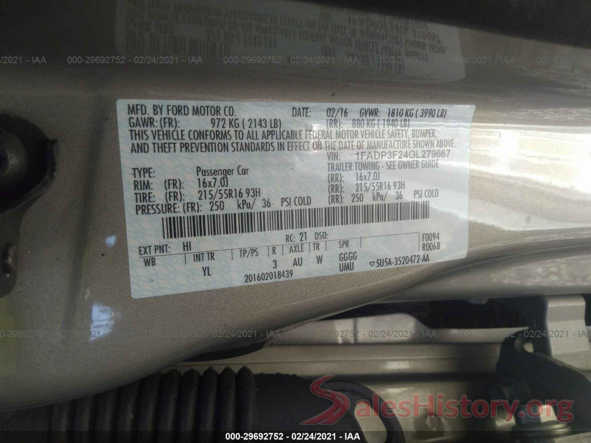 1FADP3F24GL279667 2016 FORD FOCUS